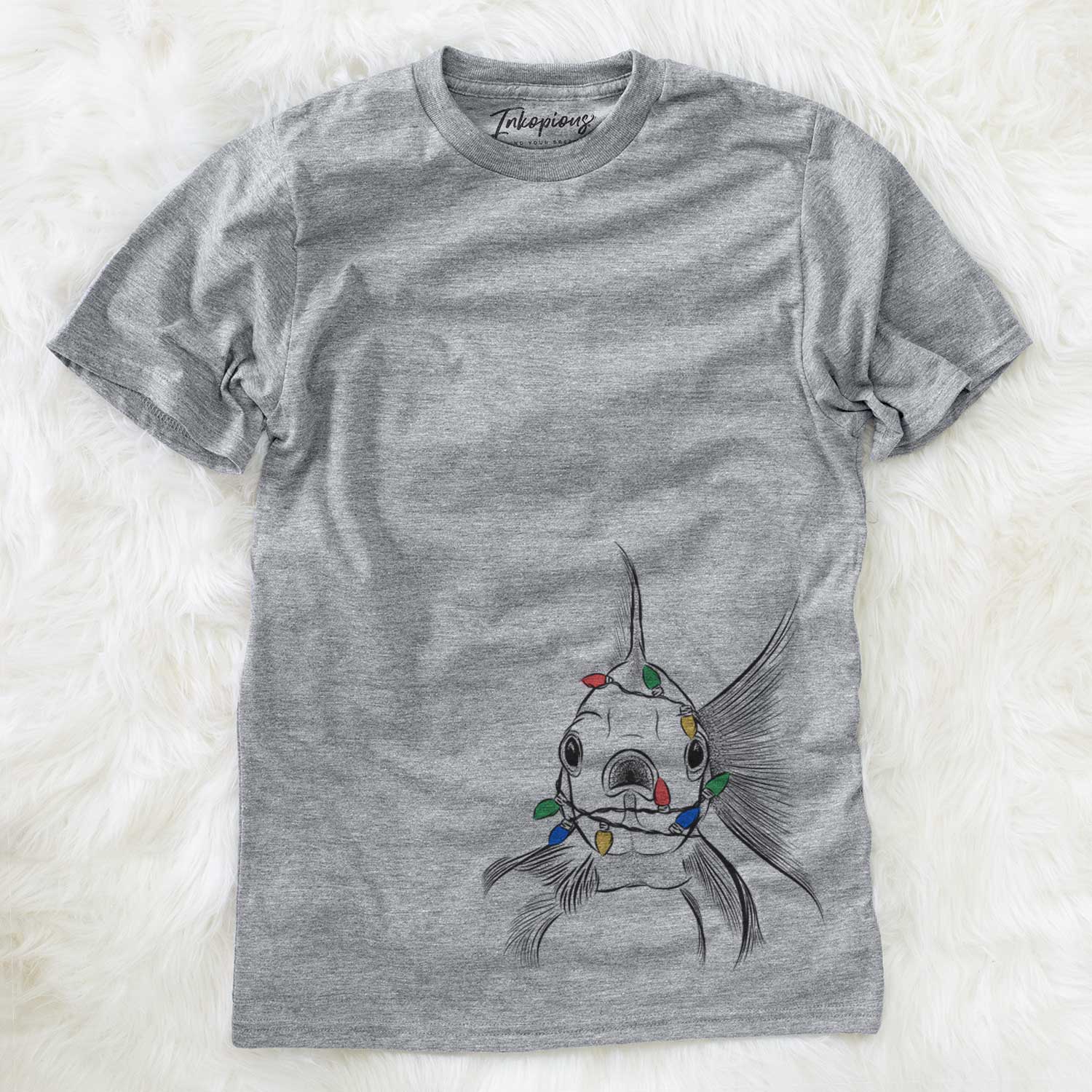 Hand-drawn sketch of Beefcake the Goldfish wrapped in Christmas lights on a Grey Unisex crewneck
