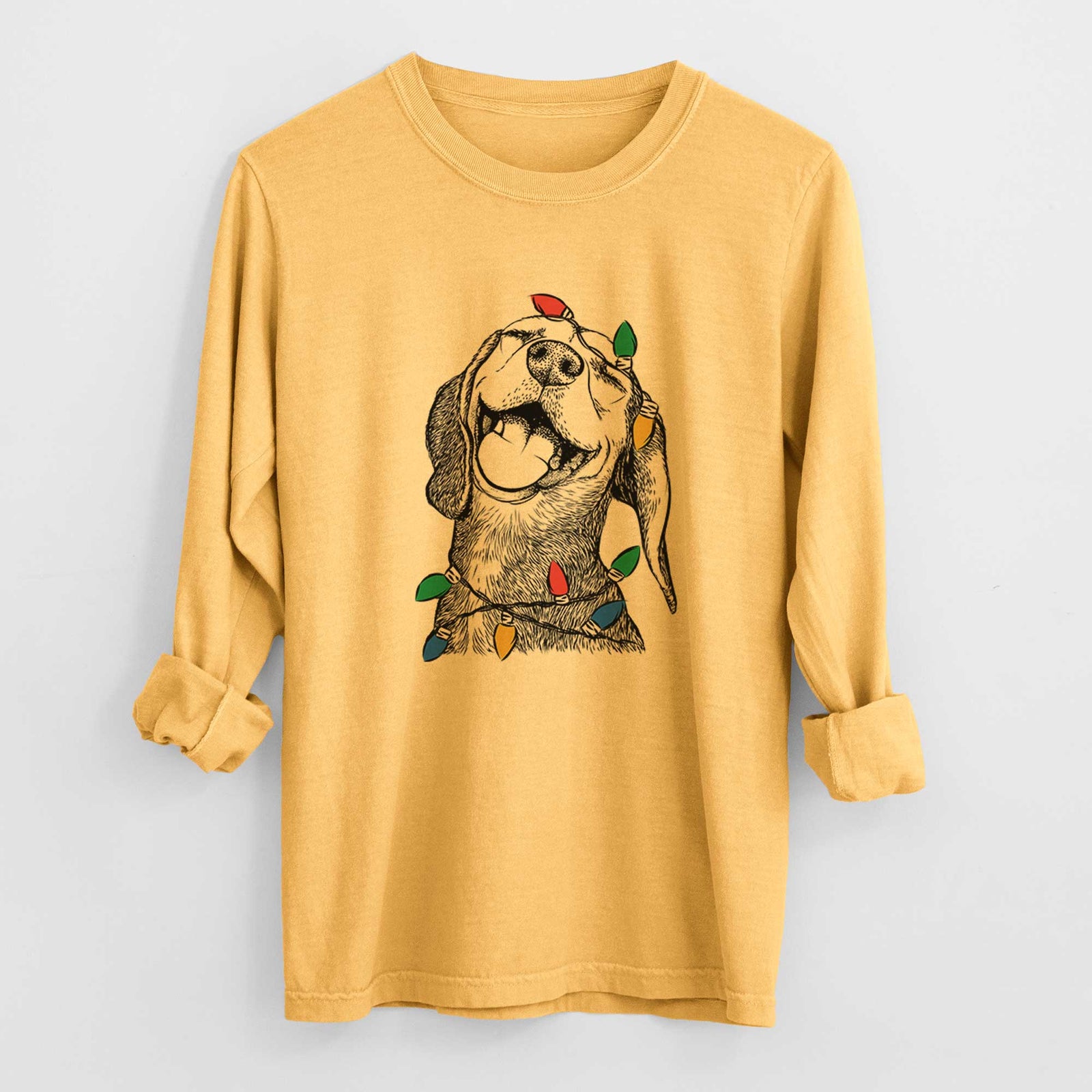 Christmas Lights Belle the Hound Mix - Heavyweight 100% Cotton Long Sleeve