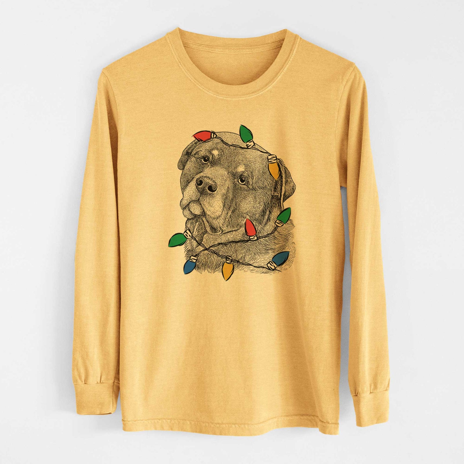 Christmas Lights Bender the Rottweiler - Heavyweight 100% Cotton Long Sleeve