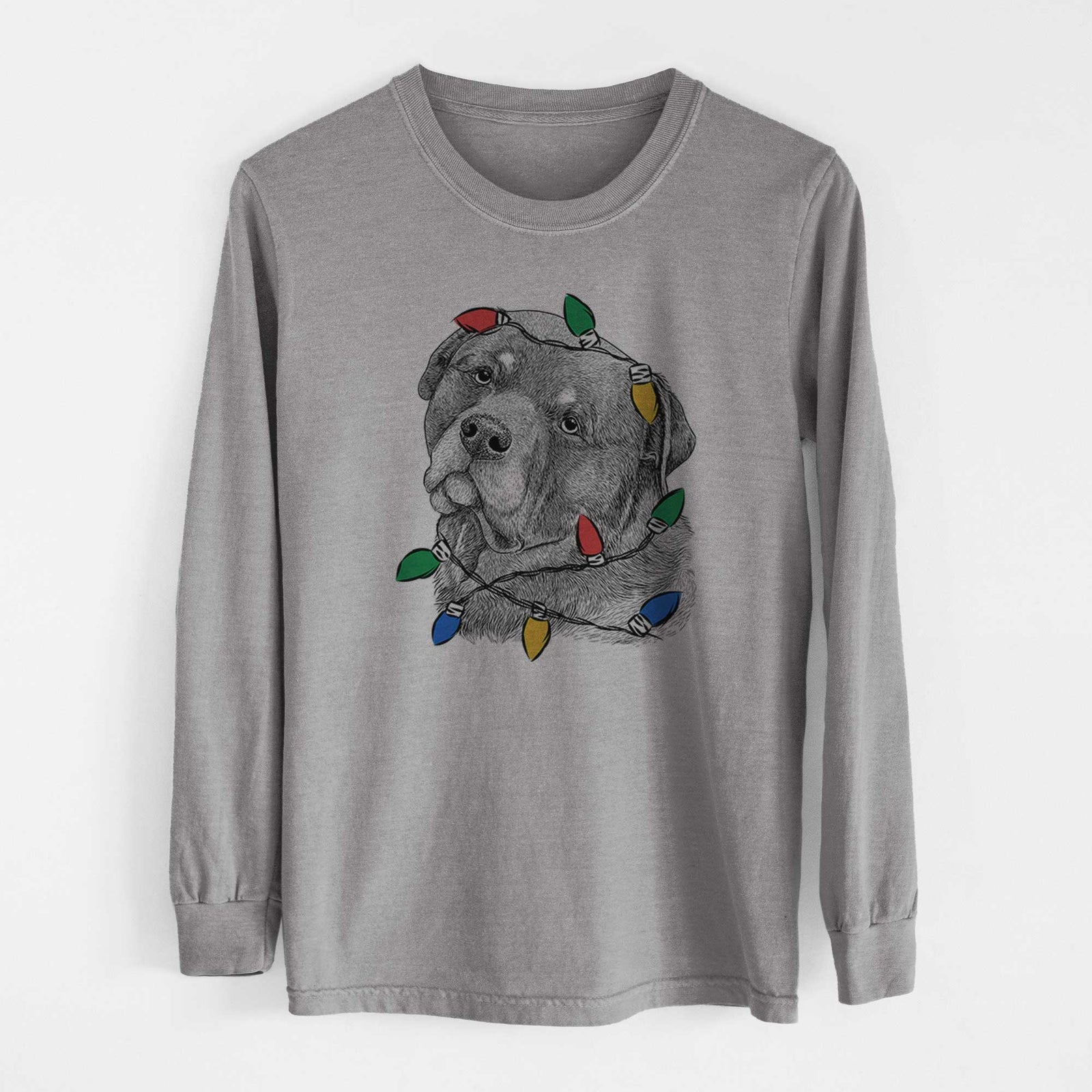Christmas Lights Bender the Rottweiler - Heavyweight 100% Cotton Long Sleeve