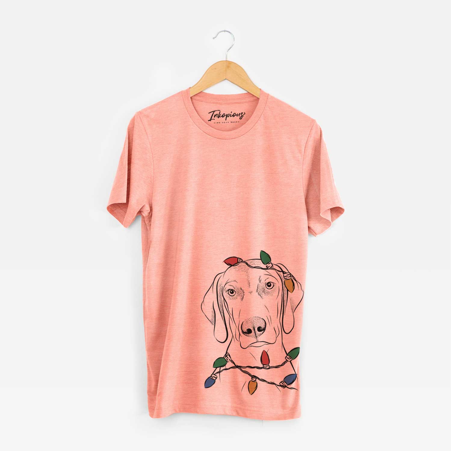 Hand-drawn sketch of Benelli the Vizsla wrapped in Christmas lights on a Sunset Unisex crewneck