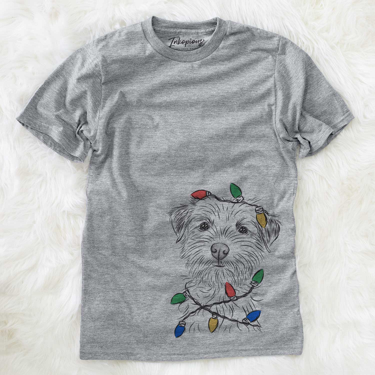 Hand-drawn sketch of Benjamin the Border Terrier wrapped in Christmas lights on a Grey Unisex crewneck