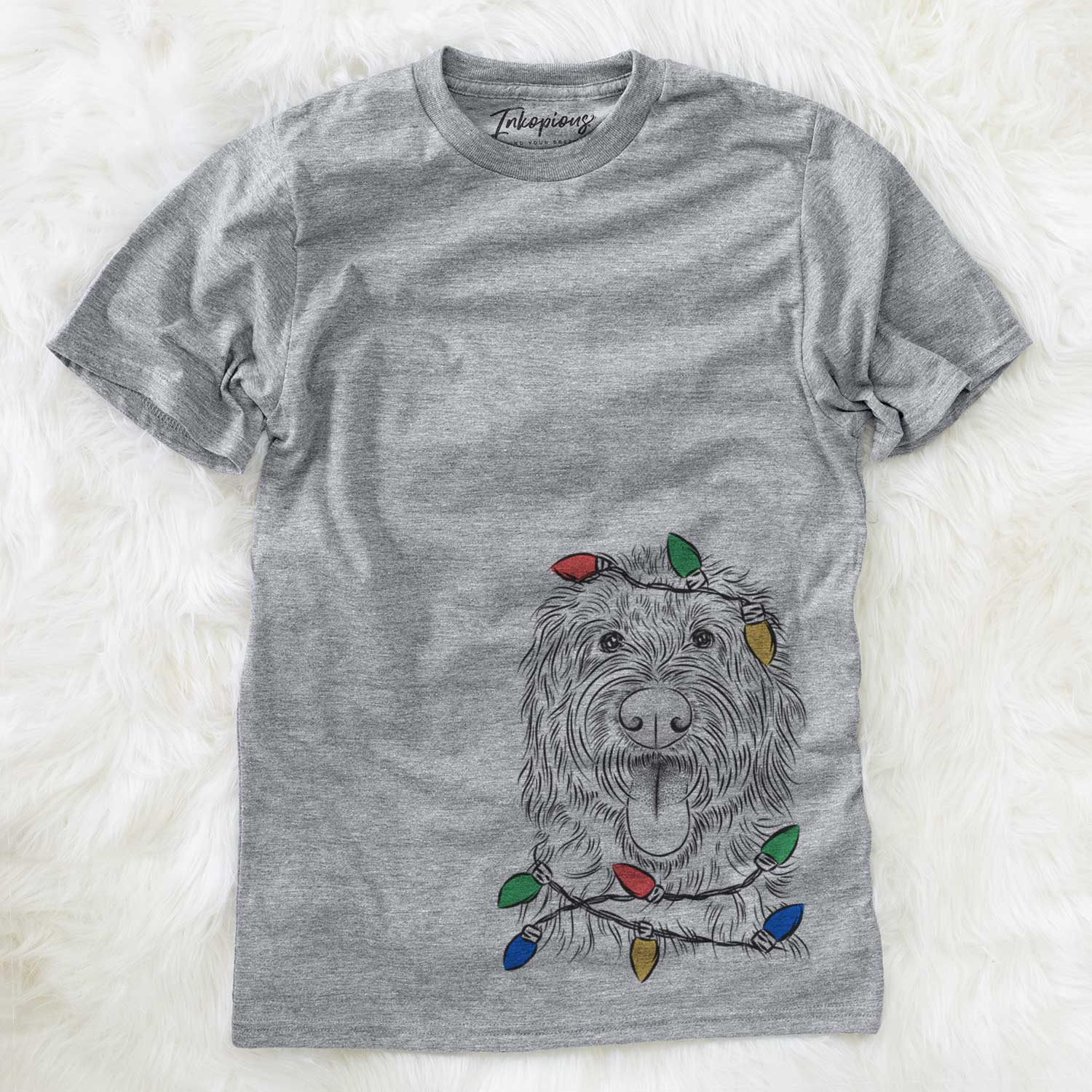 Hand-drawn sketch of Bennett the Doodle wrapped in Christmas lights on a Grey Unisex crewneck
