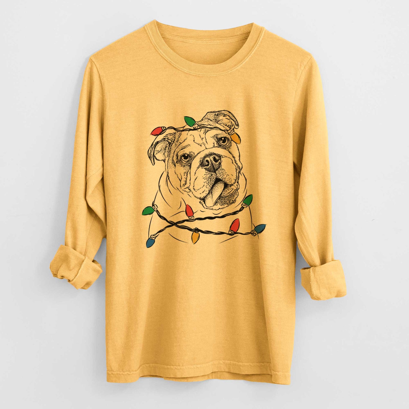 Christmas Lights Benson the English Bulldog - Heavyweight 100% Cotton Long Sleeve