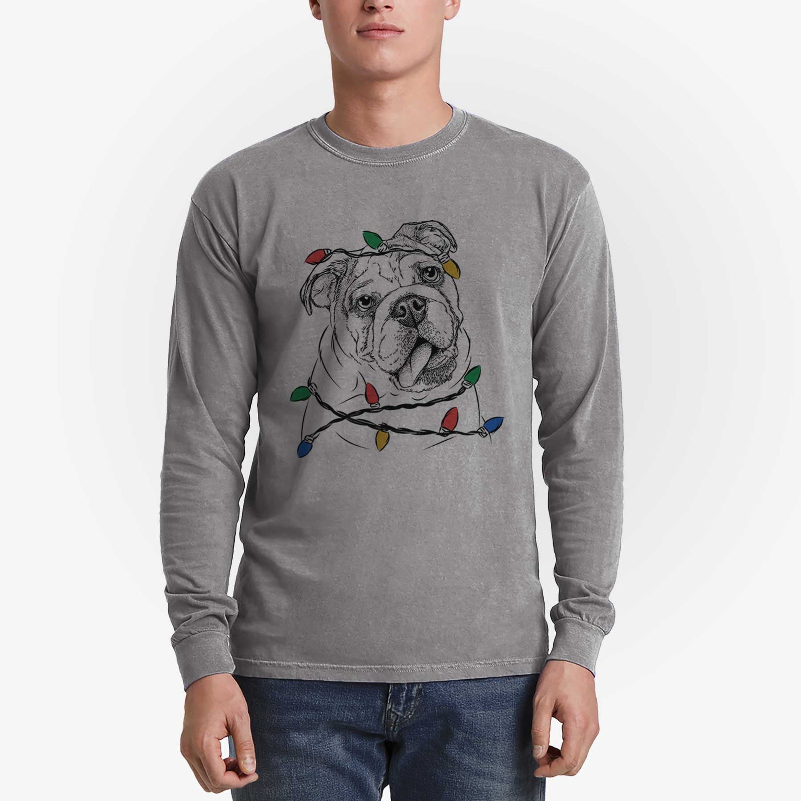 Christmas Lights Benson the English Bulldog - Heavyweight 100% Cotton Long Sleeve