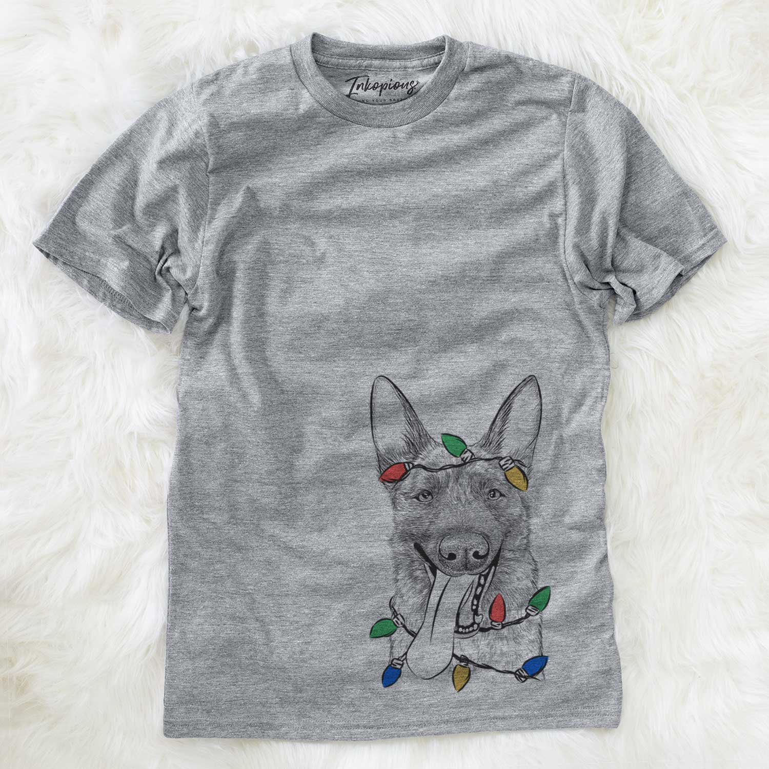 Hand-drawn sketch of Bessa the Dutch Shepherd wrapped in Christmas lights on a Grey Unisex crewneck