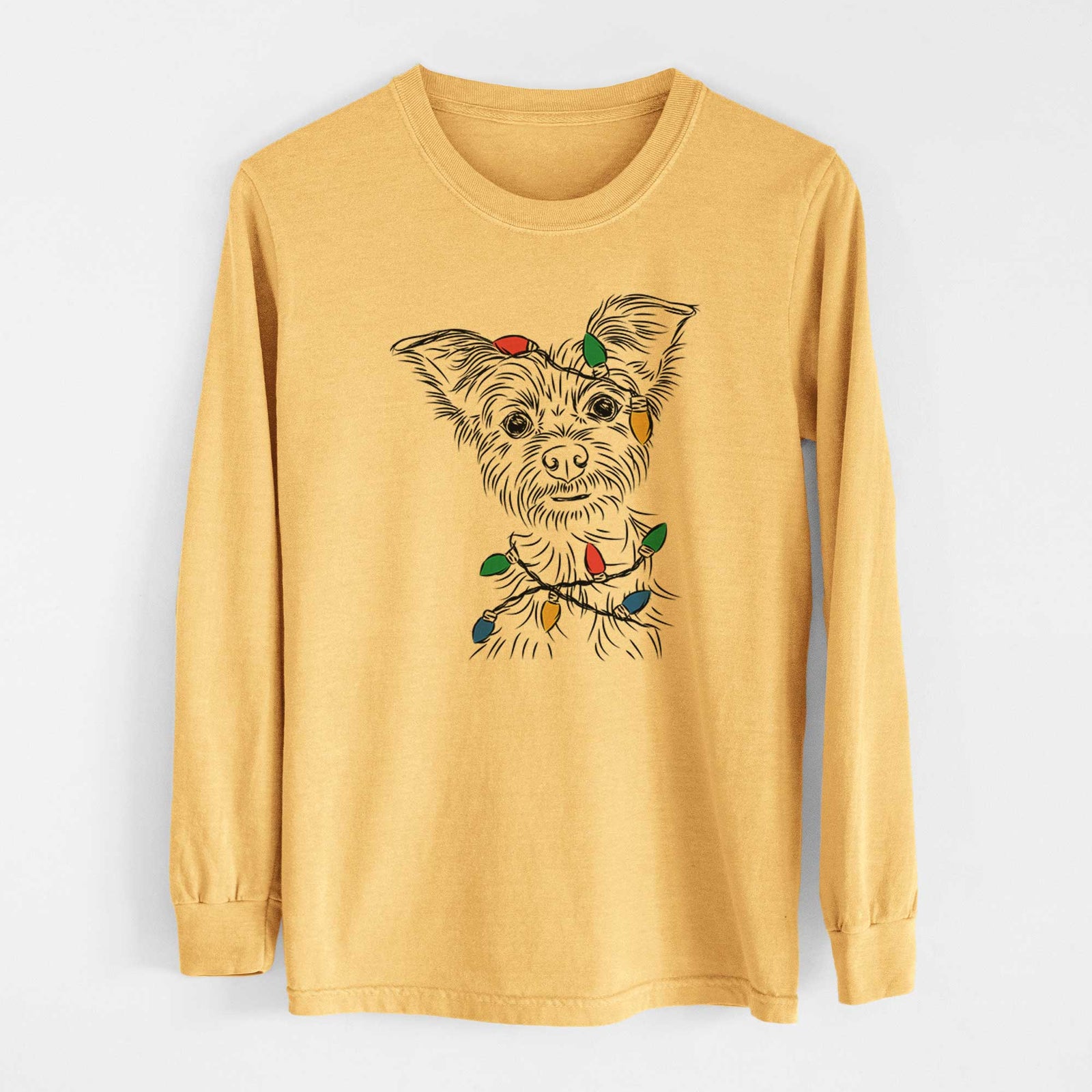 Christmas Lights Bingo the Yorkshire Terrier - Heavyweight 100% Cotton Long Sleeve