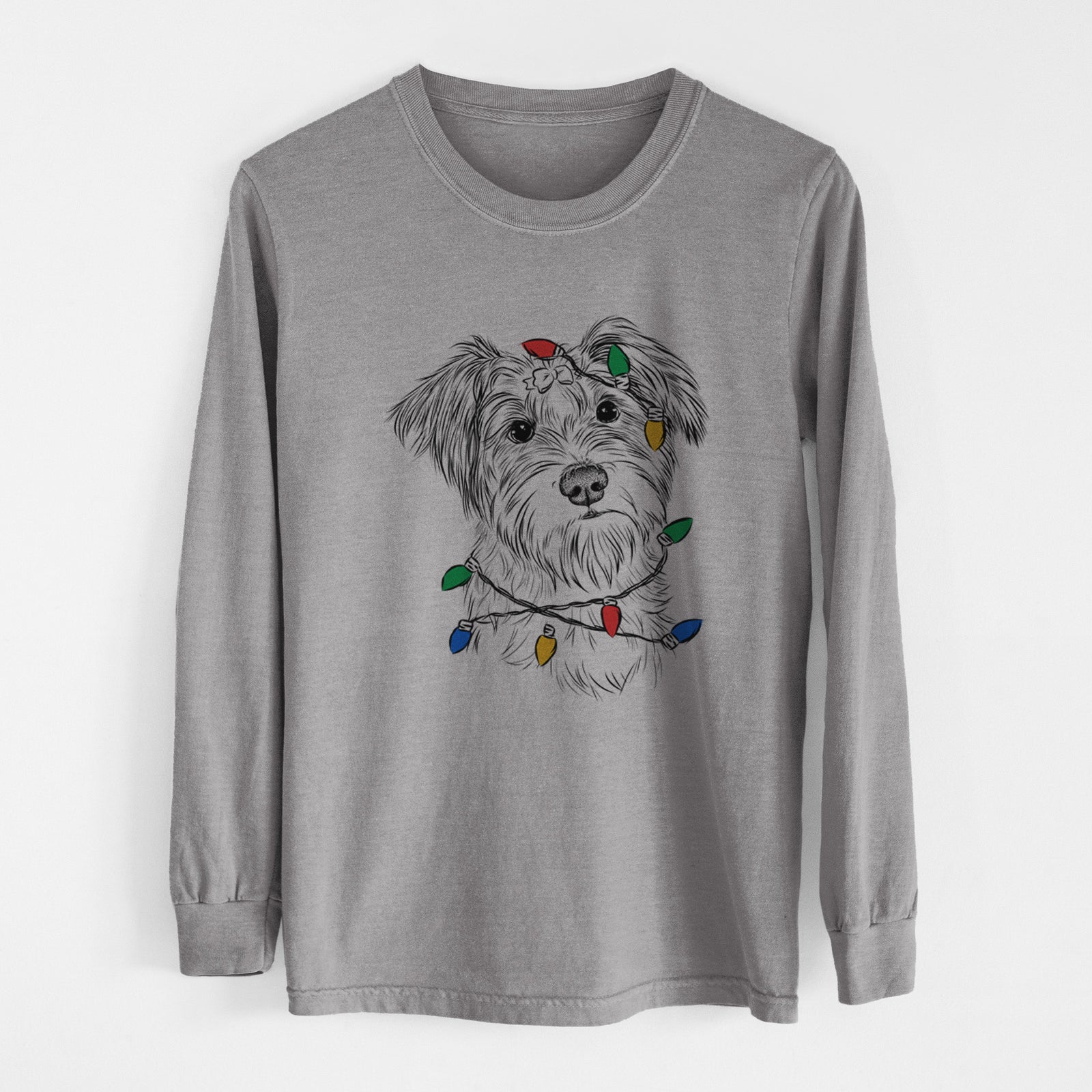 Christmas Lights Birdee the Schnauzer Mix - Heavyweight 100% Cotton Long Sleeve