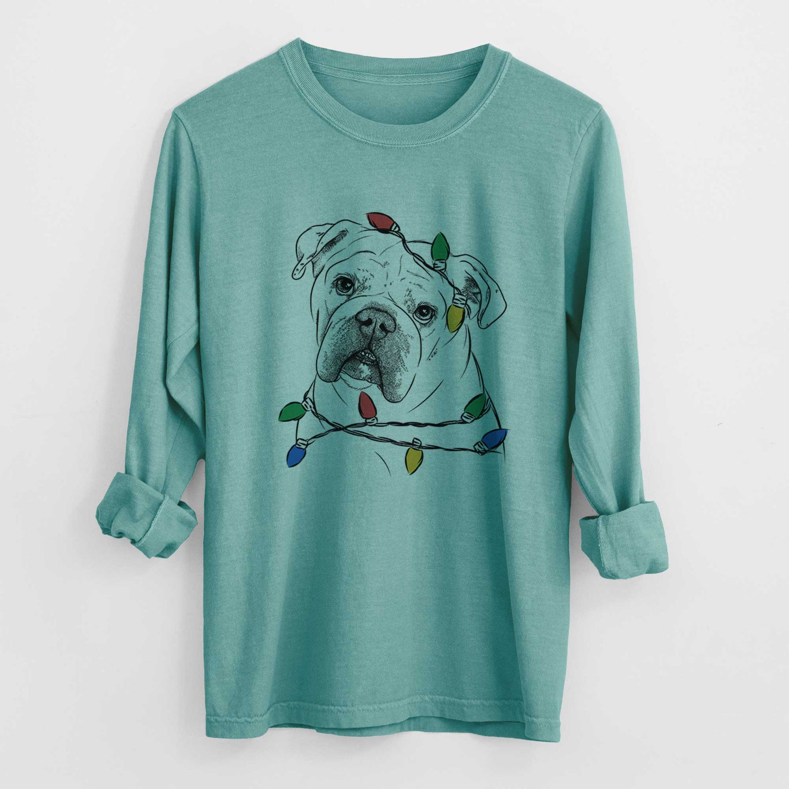 Christmas Lights Blossom the English Bulldog - Heavyweight 100% Cotton Long Sleeve