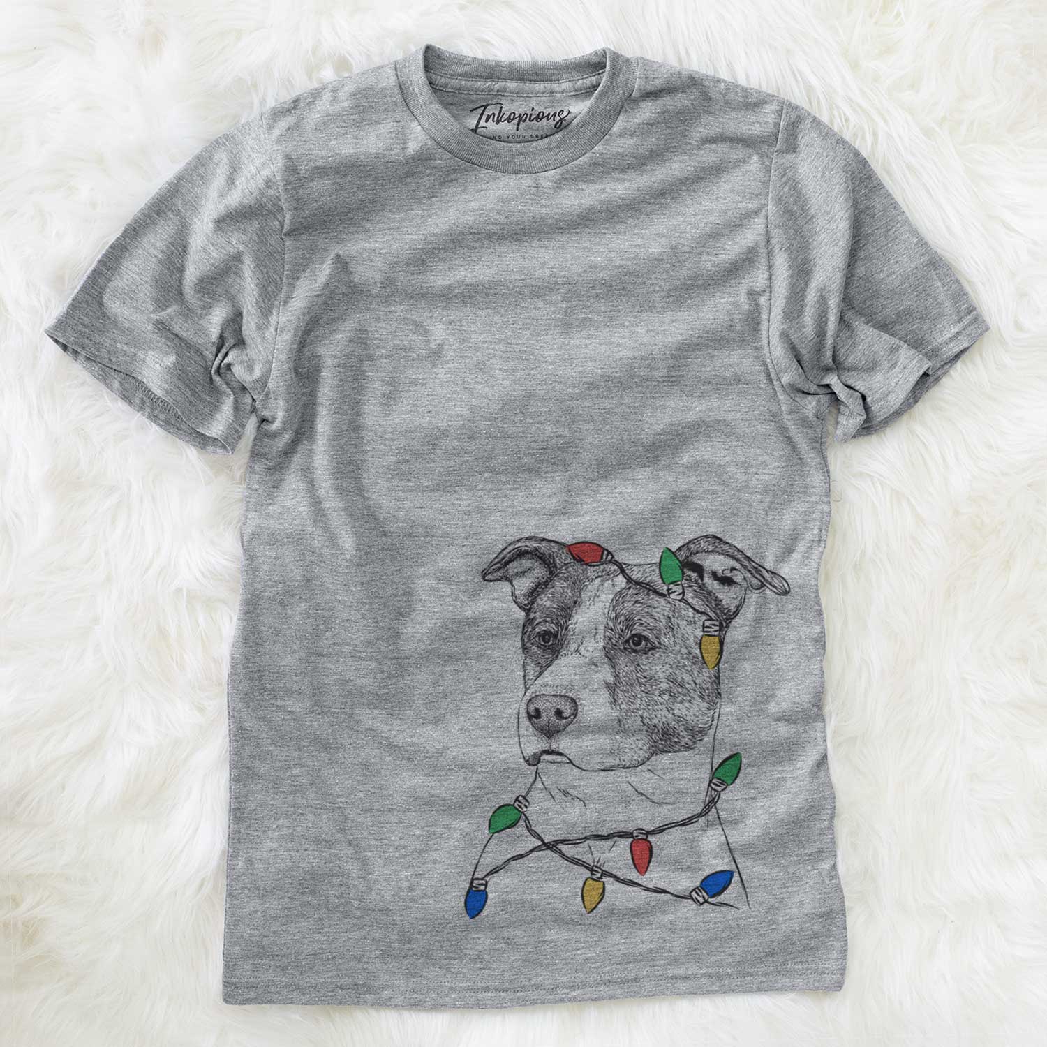 Hand-drawn sketch of Blu the Pitbull wrapped in Christmas lights on a Grey Unisex crewneck