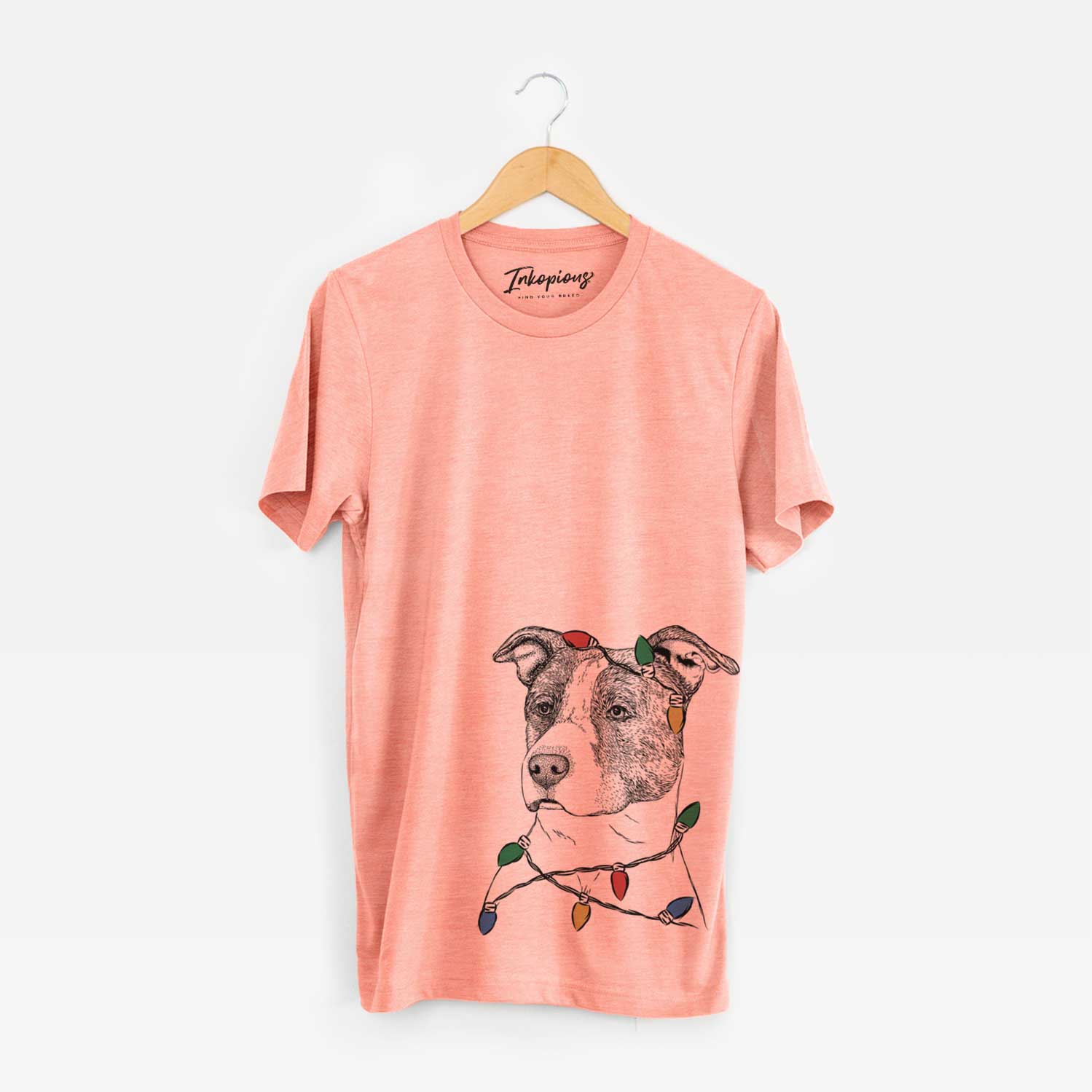 Hand-drawn sketch of Blu the Pitbull wrapped in Christmas lights on a Sunset Unisex crewneck