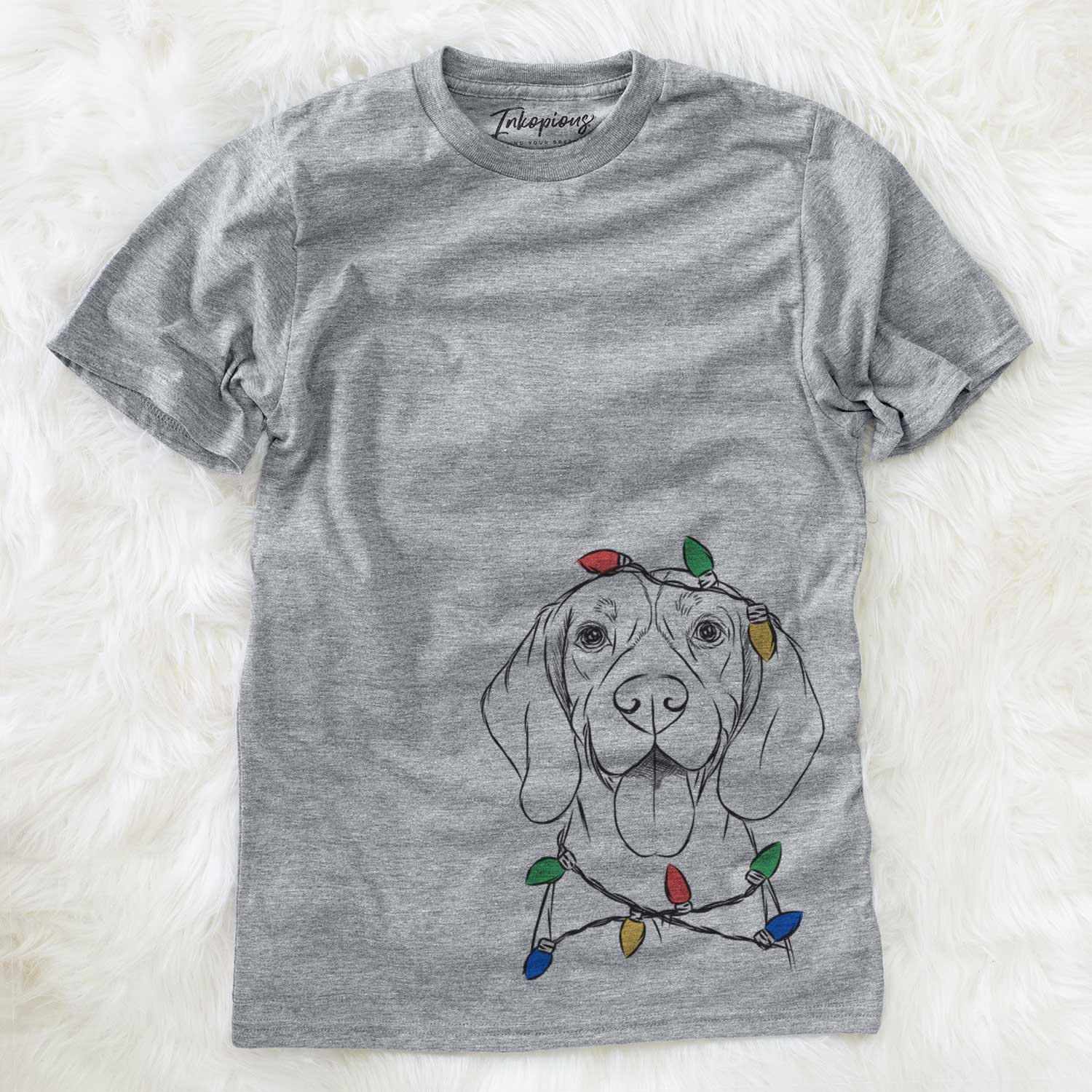 Hand-drawn sketch of Bogie the Beagle wrapped in Christmas lights on a Grey Unisex crewneck