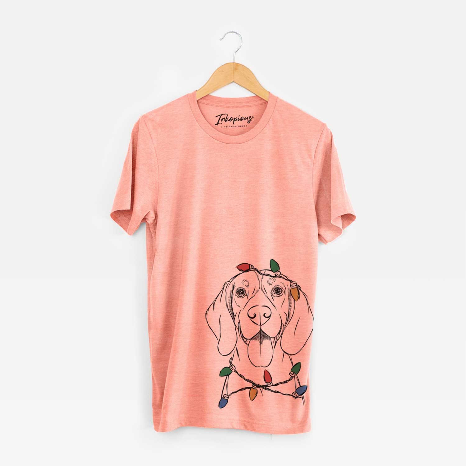 Hand-drawn sketch of Bogie the Beagle wrapped in Christmas lights on a Sunset Unisex crewneck