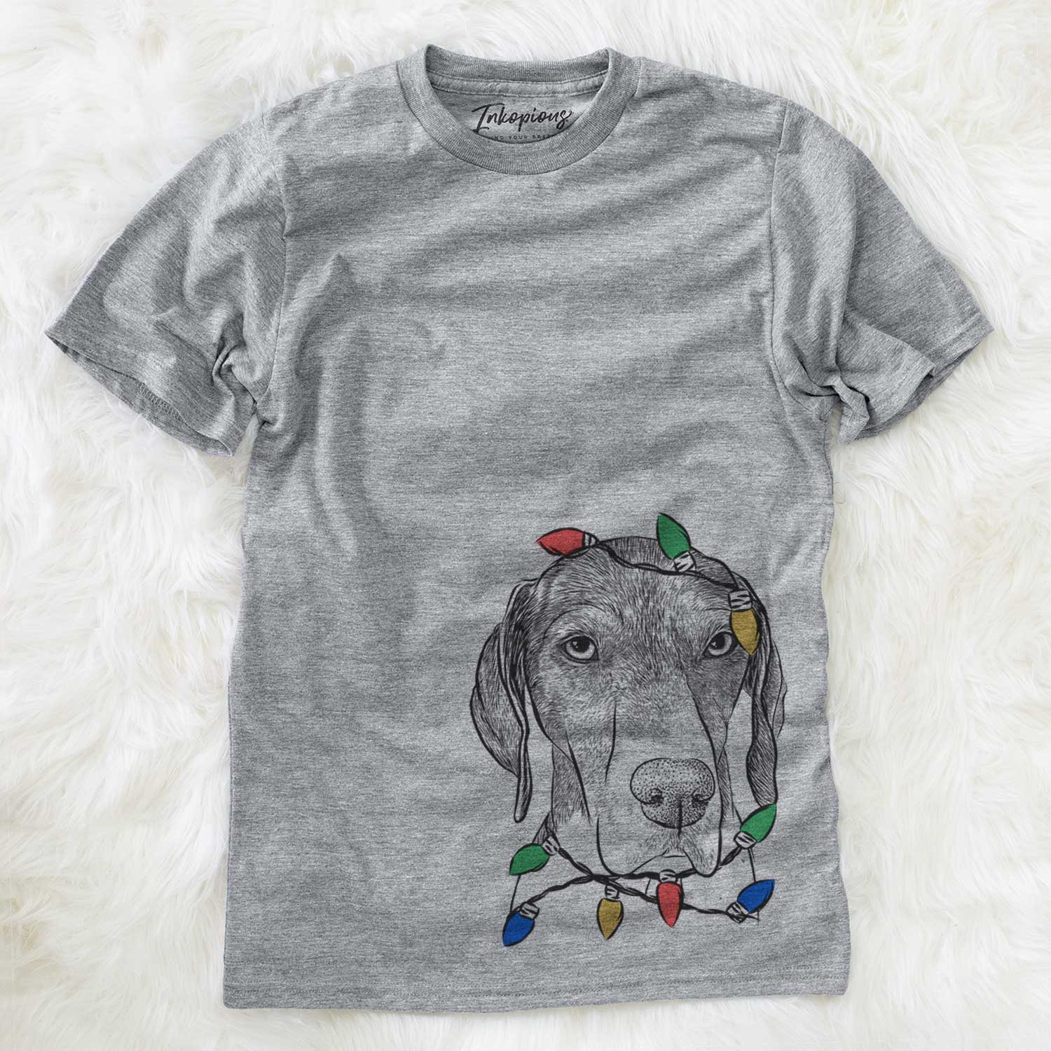 Hand-drawn sketch of Bohdi the German Shorthaired Pointer wrapped in Christmas lights on a Grey Unisex crewneck