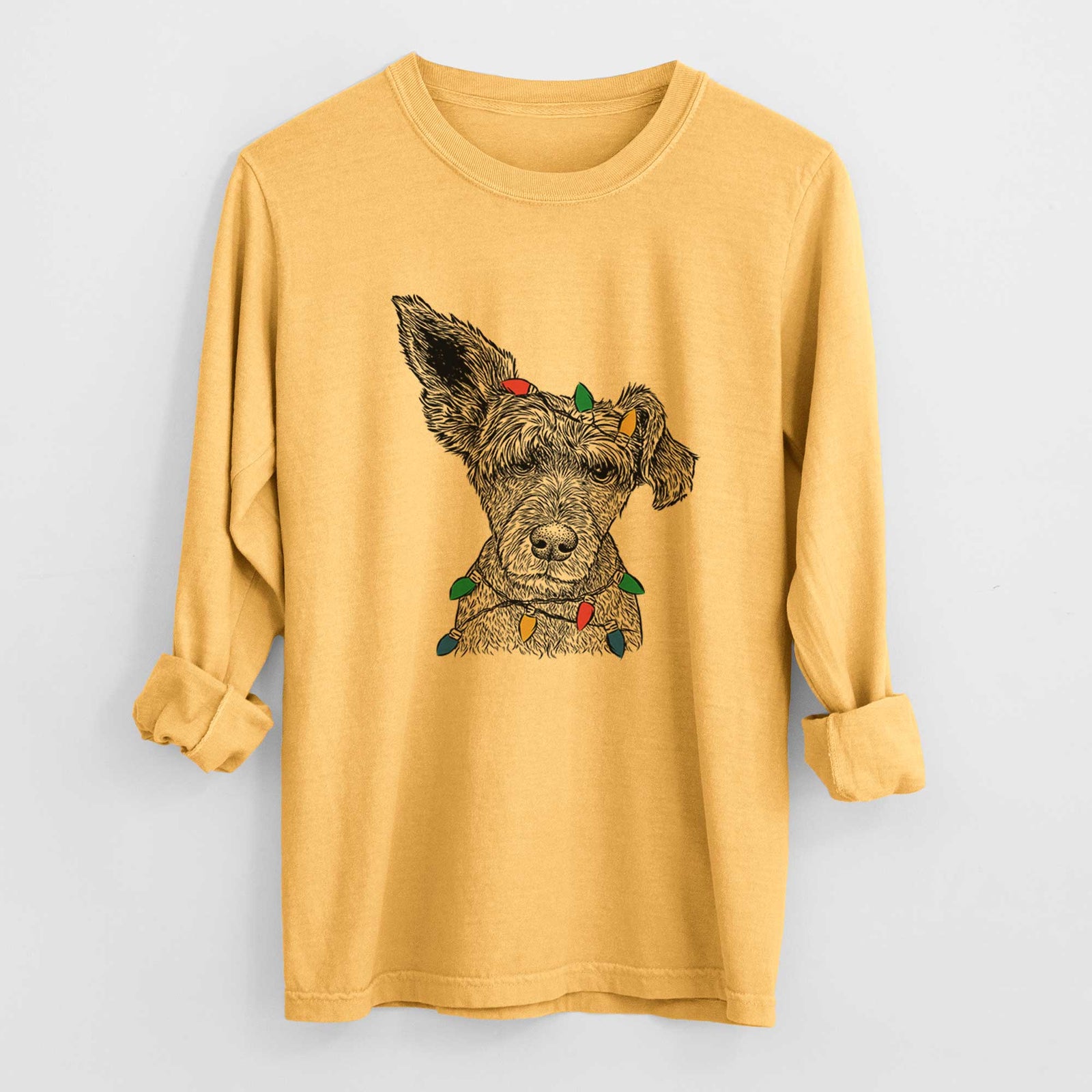 Christmas Lights Boodles the Schnauzer Mix - Heavyweight 100% Cotton Long Sleeve