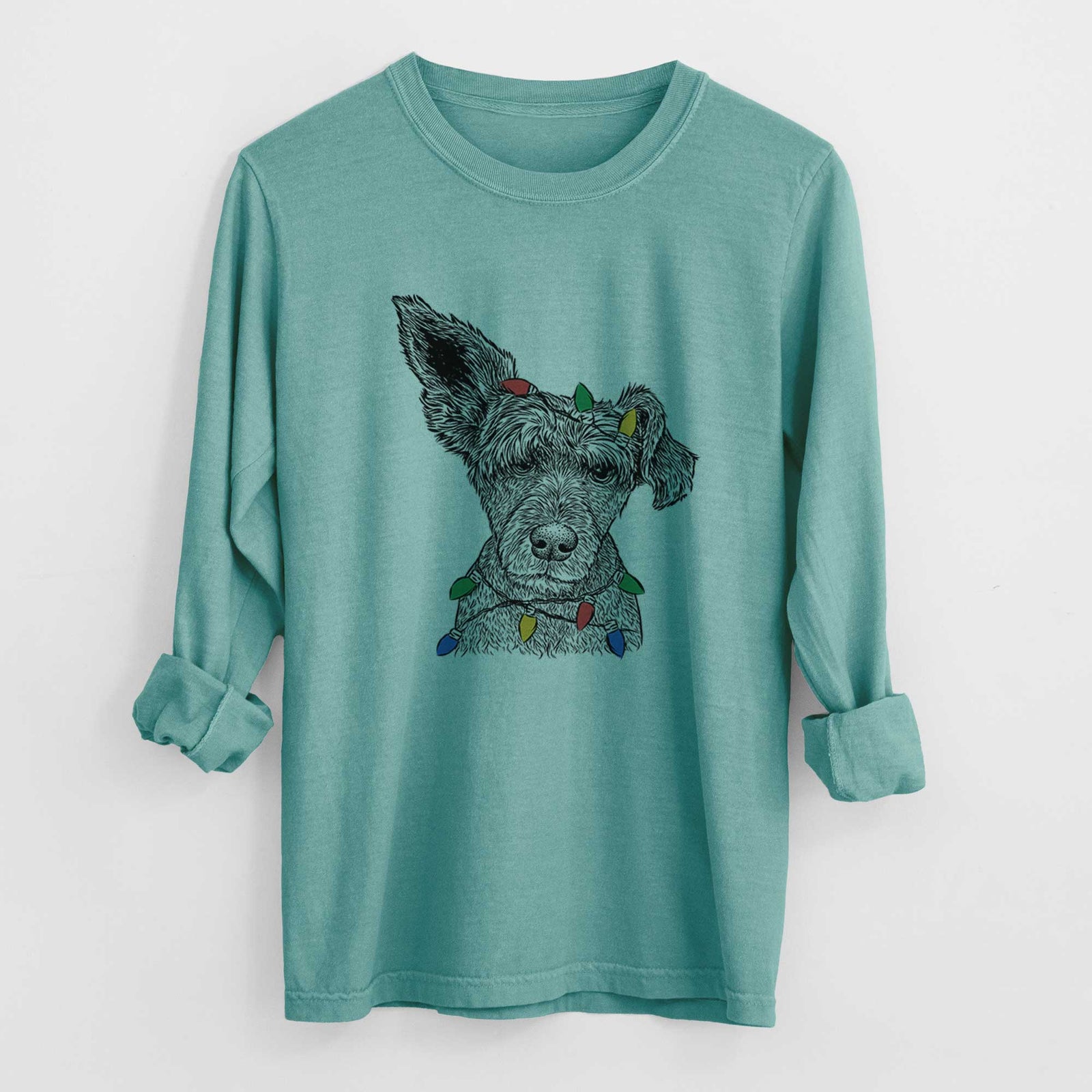 Christmas Lights Boodles the Schnauzer Mix - Heavyweight 100% Cotton Long Sleeve