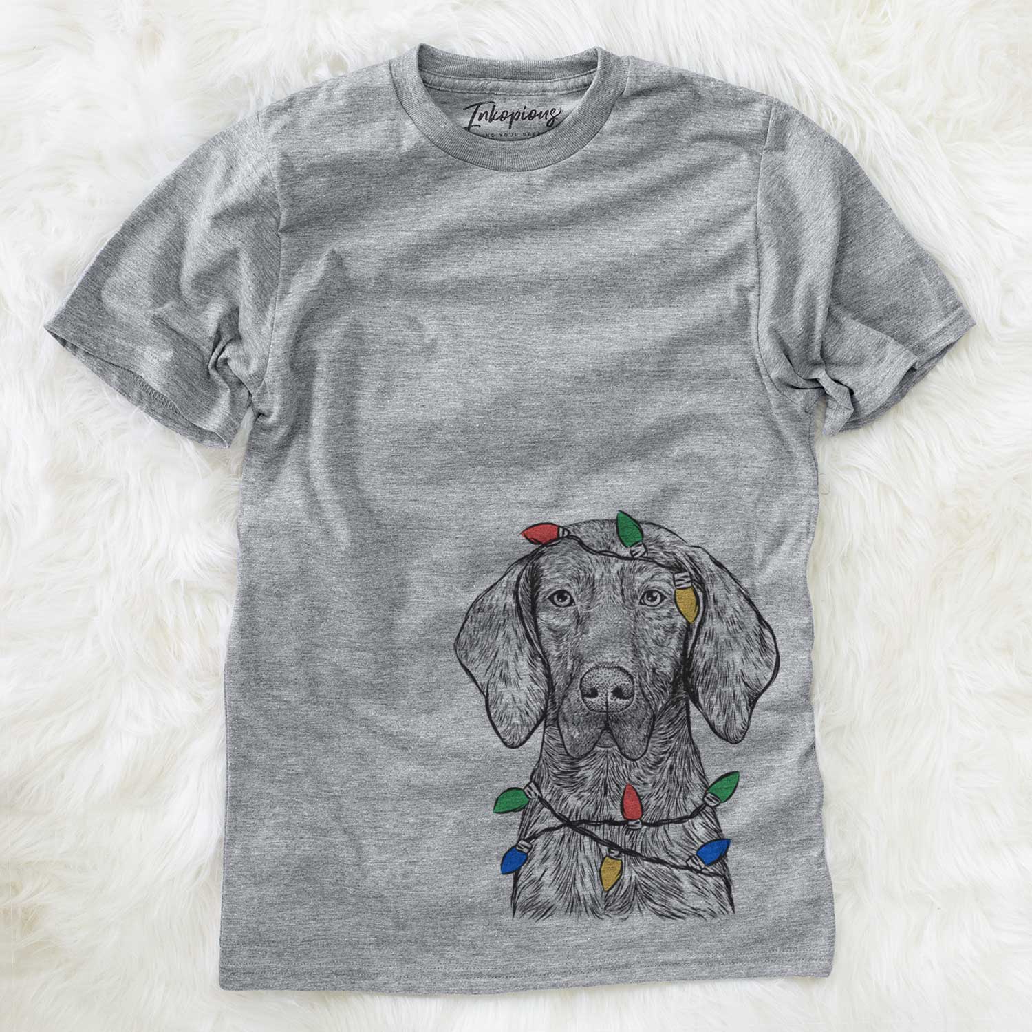 Hand-drawn sketch of Boone the Plott Hound wrapped in Christmas lights on a Grey Unisex crewneck