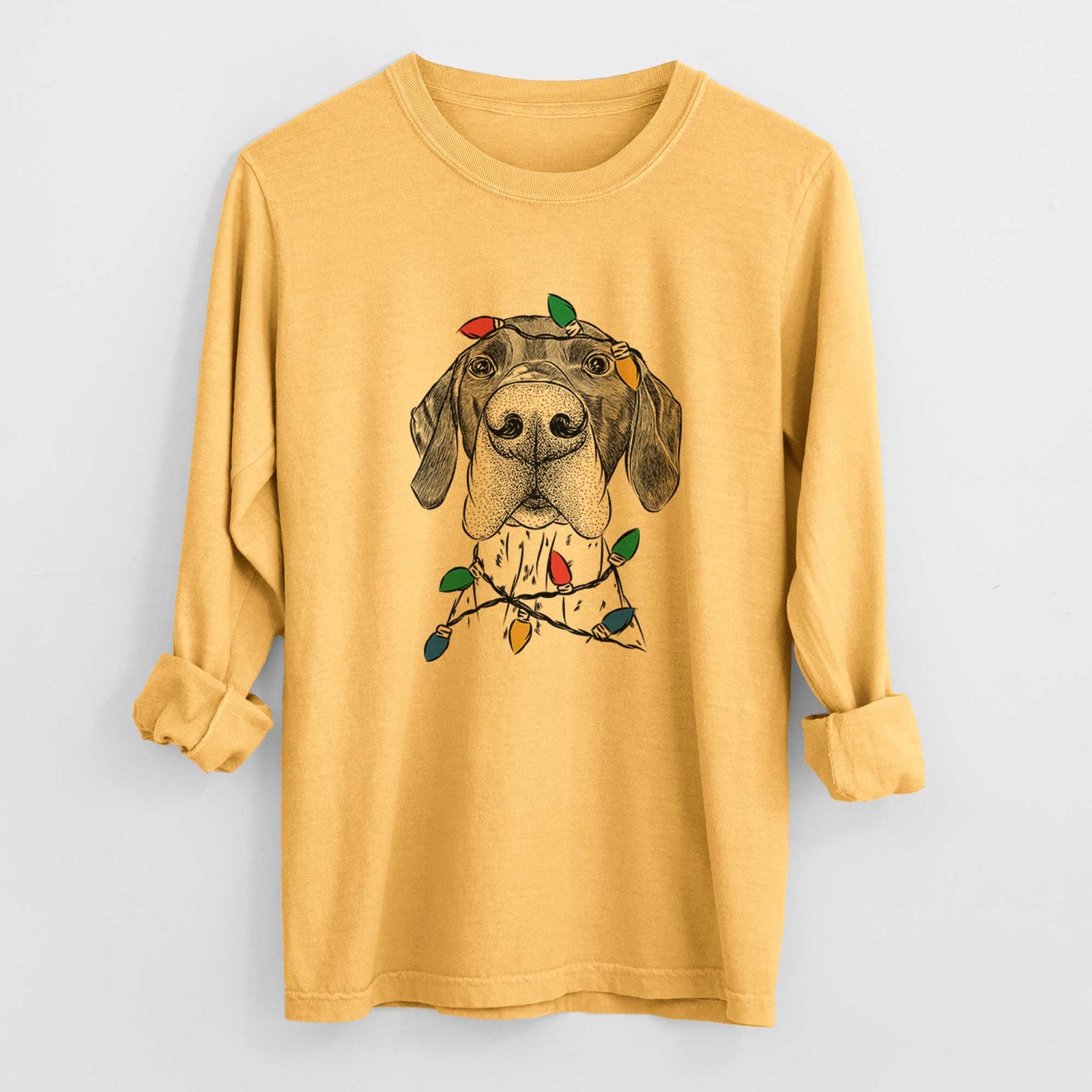 Christmas Lights Booze the German Shorthaired Pointer - Heavyweight 100% Cotton Long Sleeve