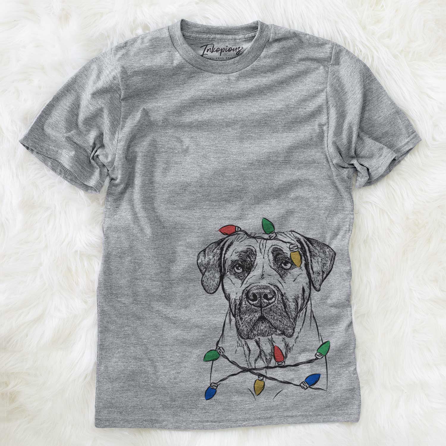 Hand-drawn sketch of Boris the Boerboel wrapped in Christmas lights on a Grey Unisex crewneck