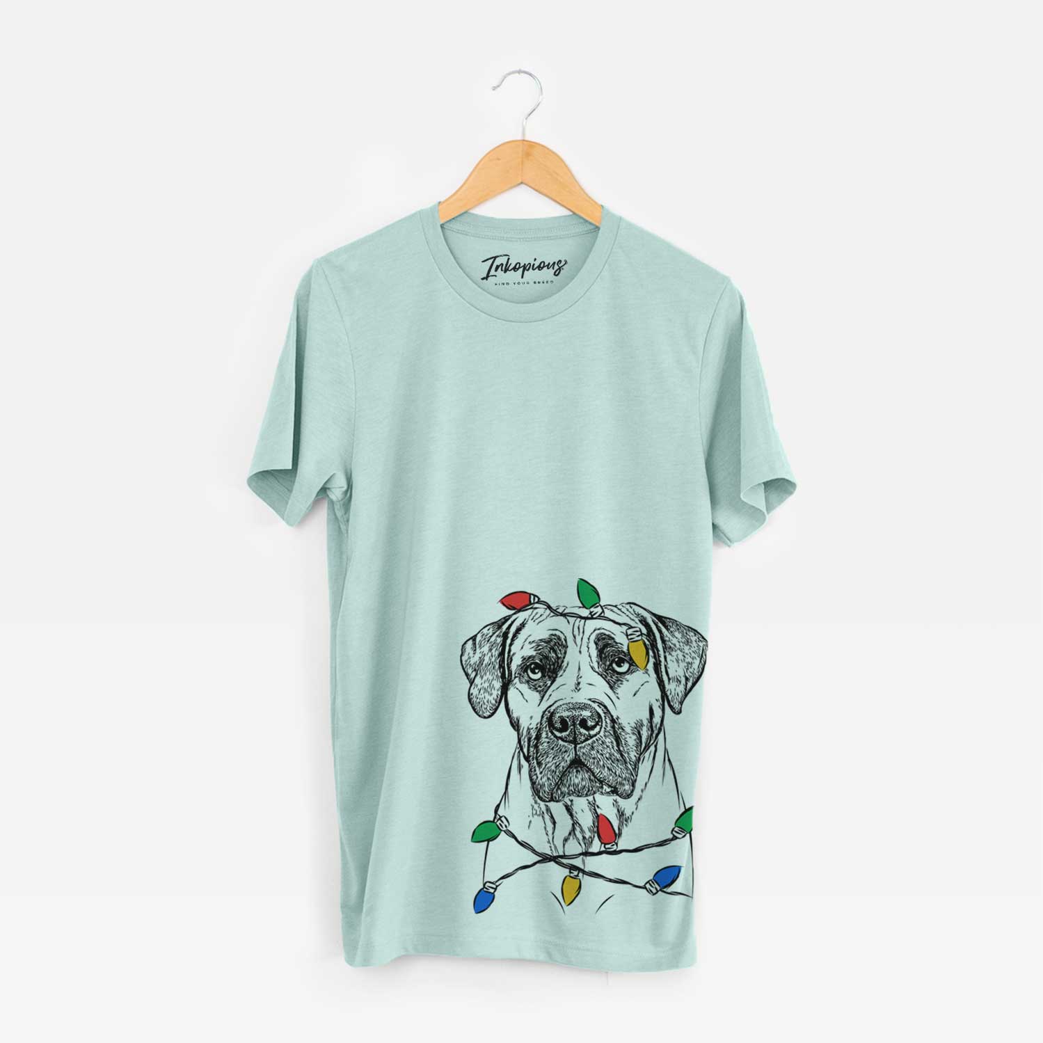 Hand-drawn sketch of Boris the Boerboel wrapped in Christmas lights on a Heather Sage Unisex crewneck