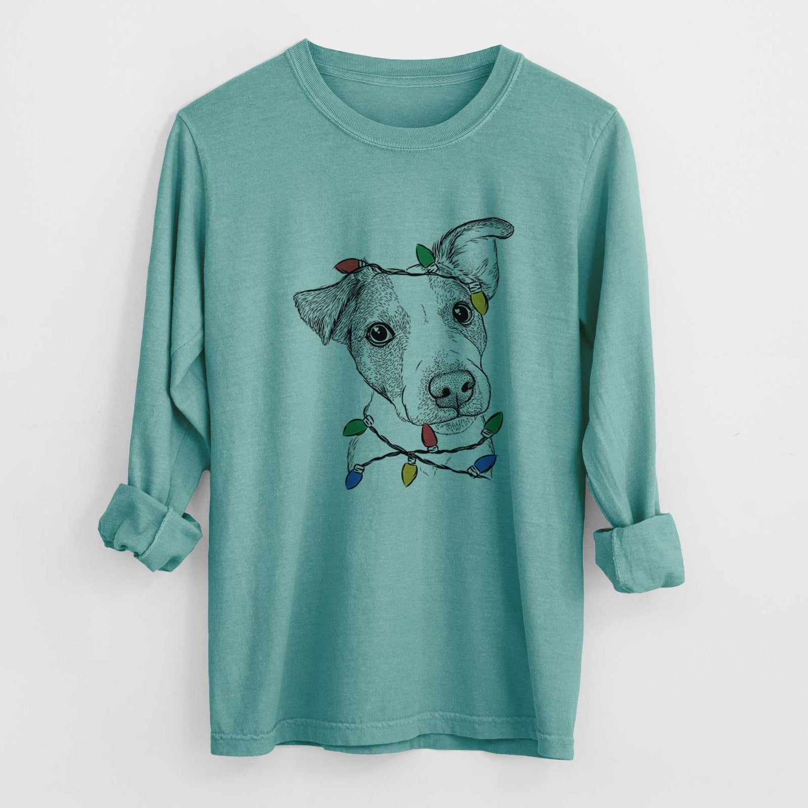 Christmas Lights Bosse the Jack Russell Terrier - Heavyweight 100% Cotton Long Sleeve
