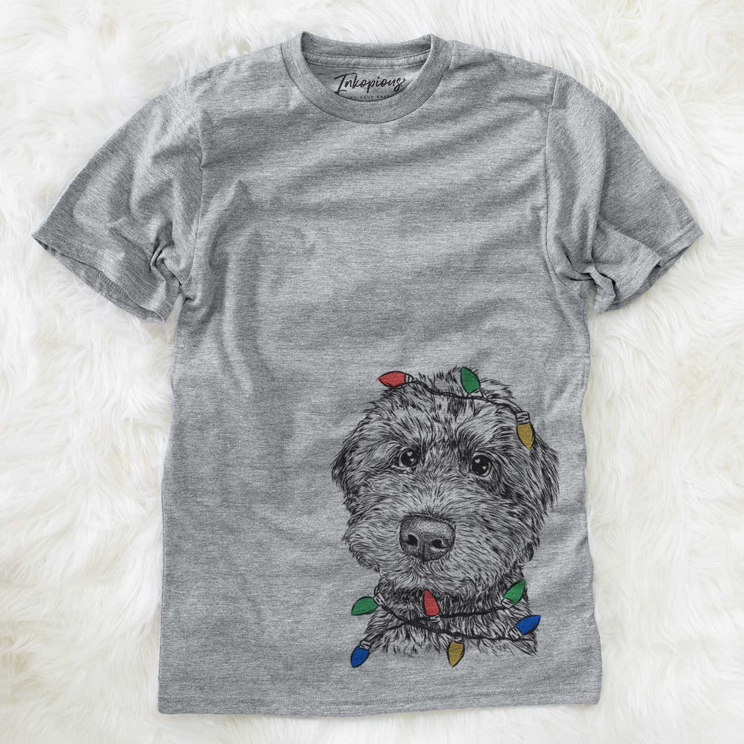 Hand-drawn sketch of Bowser the Whoodle wrapped in Christmas lights on a Grey Unisex crewneck