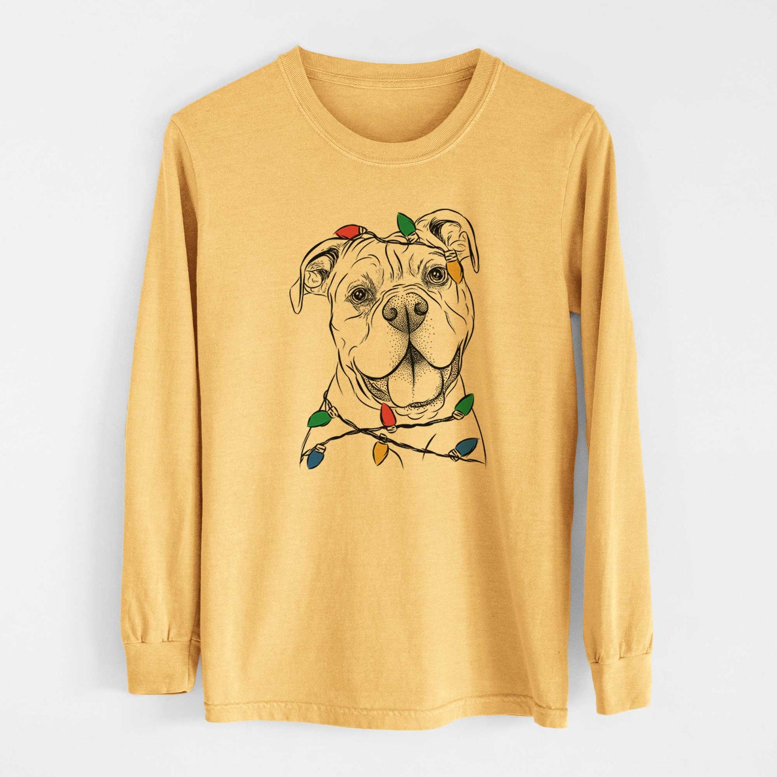 Christmas Lights Bravo the Bulldog Mix - Heavyweight 100% Cotton Long Sleeve
