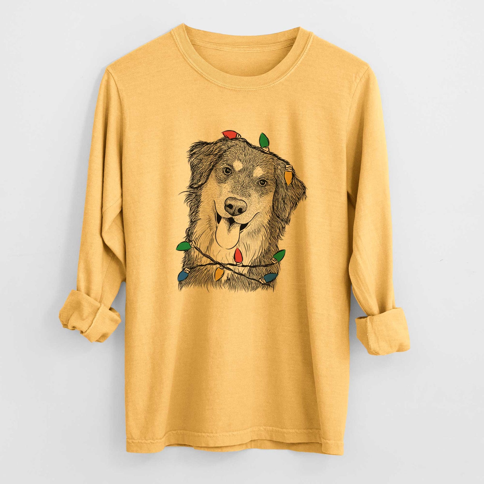Christmas Lights Brodie the Golden Aussie - Heavyweight 100% Cotton Long Sleeve