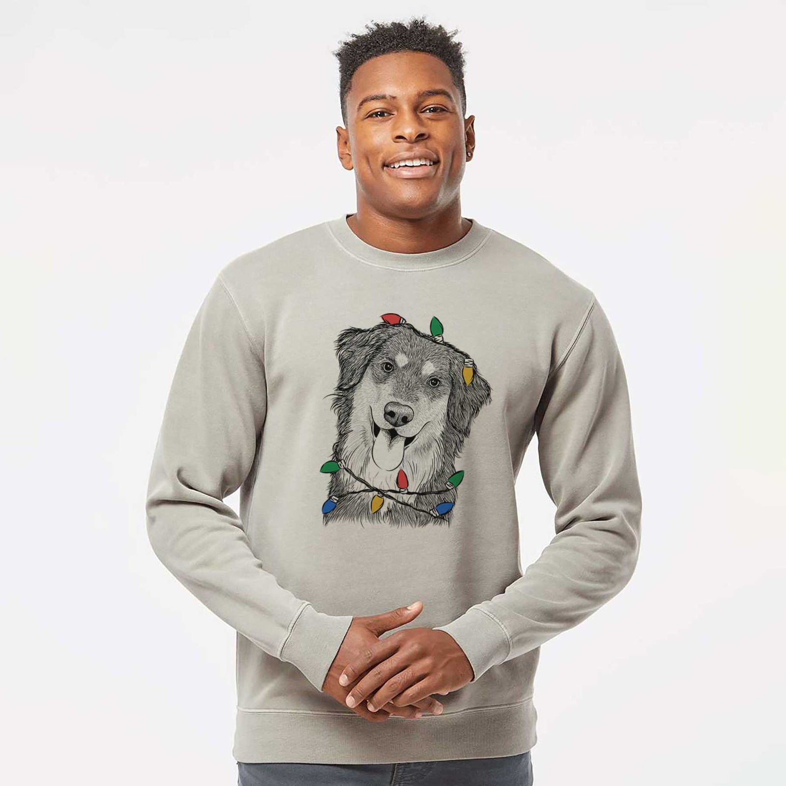 Christmas Lights Brodie the Golden Aussie - Unisex Pigment Dyed Crew Sweatshirt