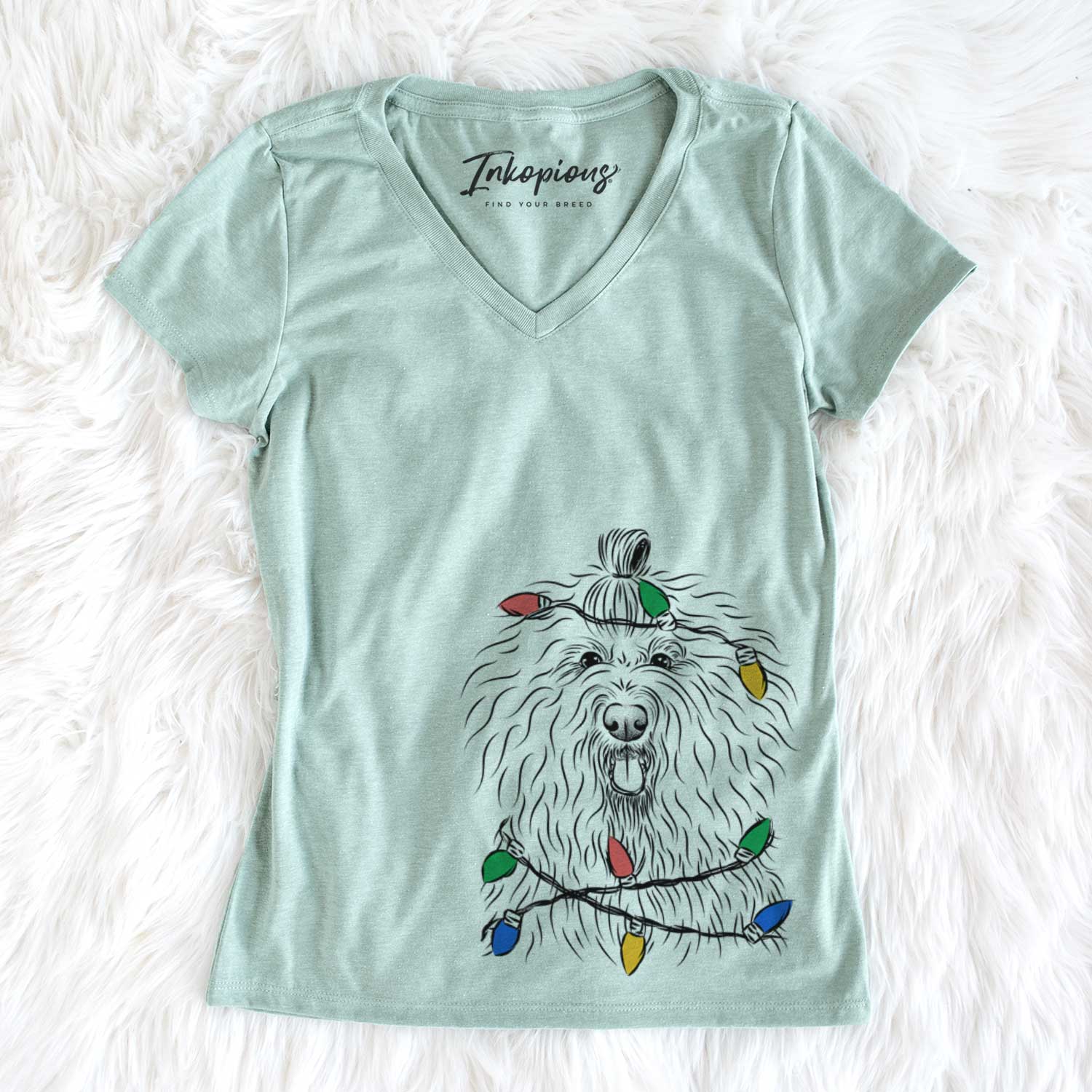 Christmas Lights Brody the Old English Sheepdog - Women's V-neck Shirt