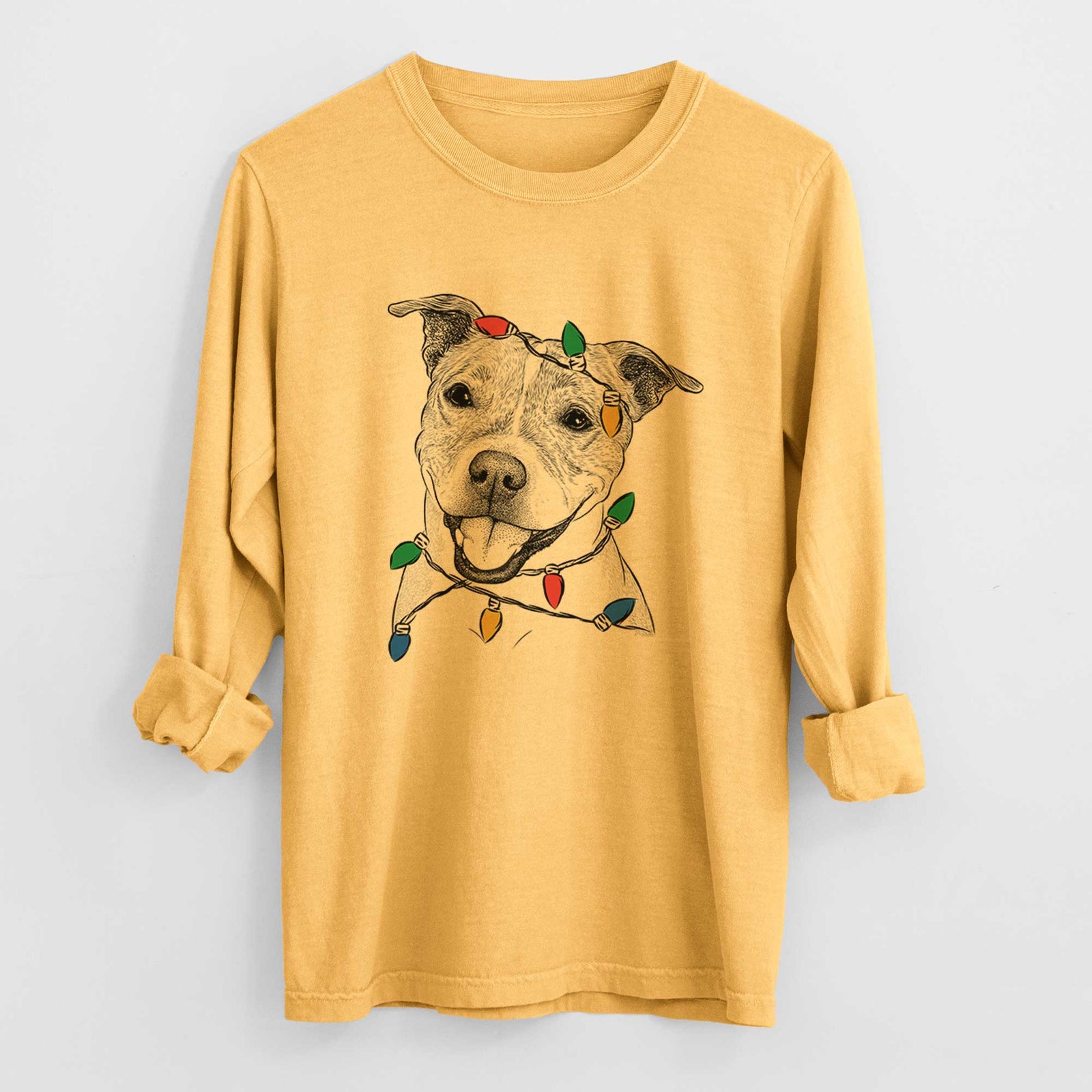 Christmas Lights BrookLyn the Staffordshire Bull Terrier - Heavyweight 100% Cotton Long Sleeve