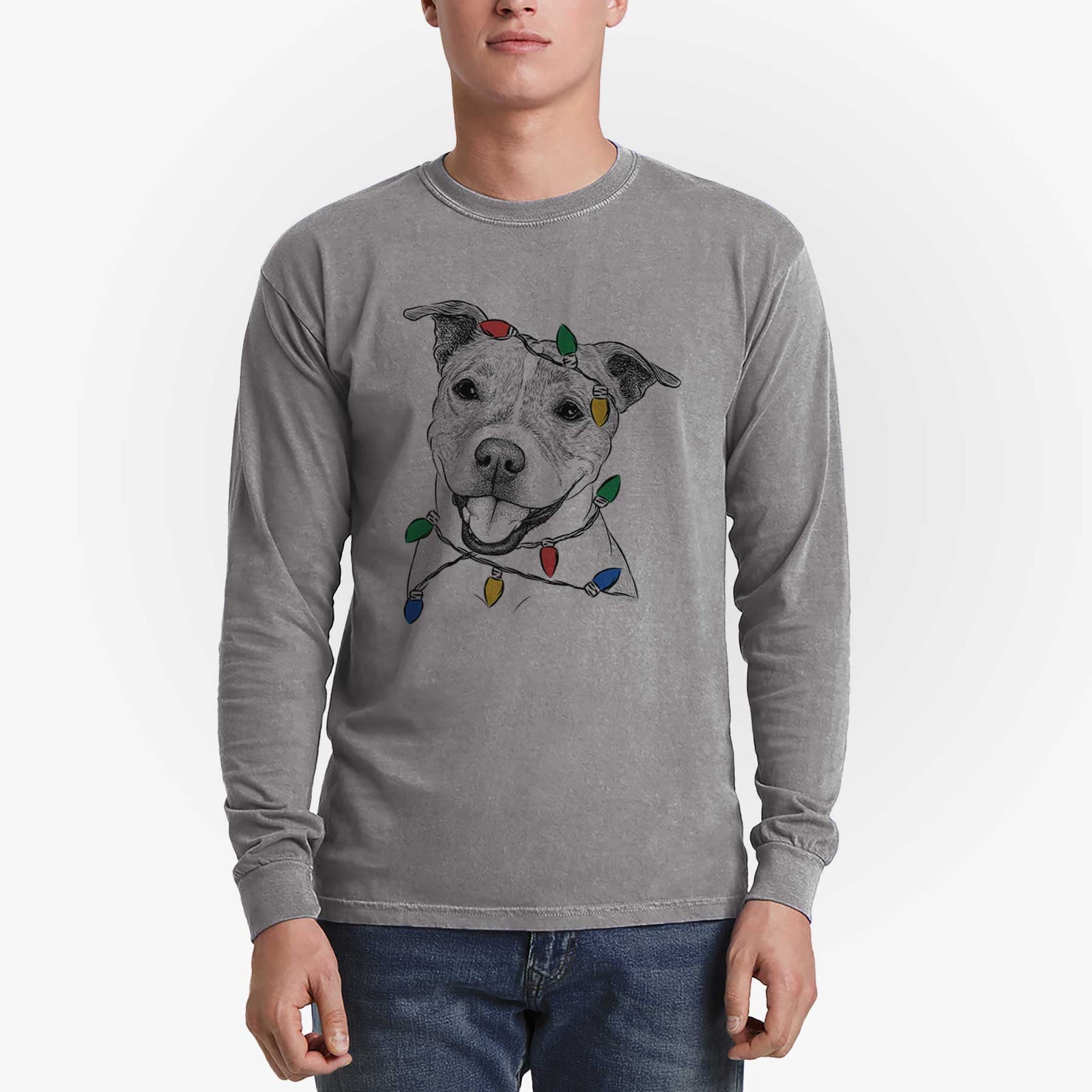 Christmas Lights BrookLyn the Staffordshire Bull Terrier - Heavyweight 100% Cotton Long Sleeve