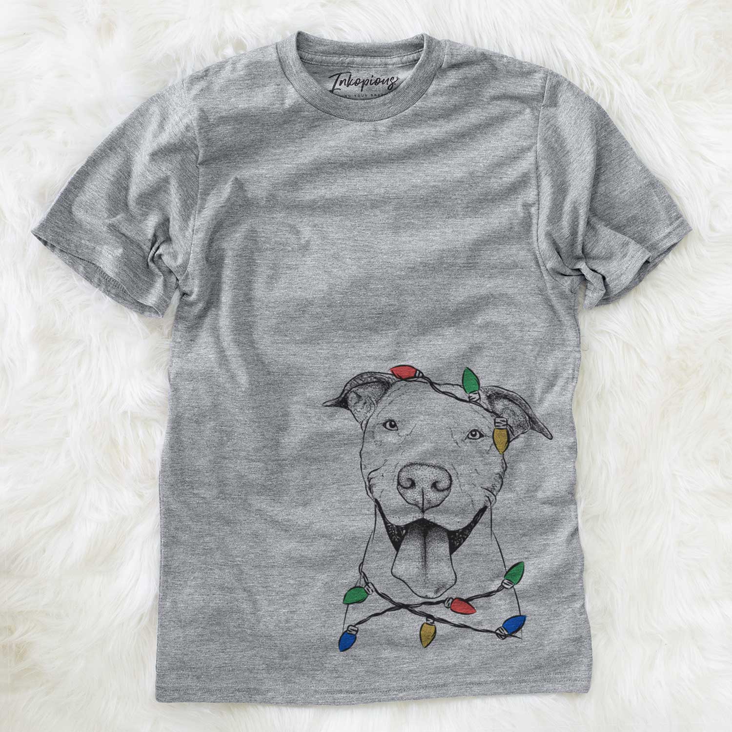 Hand-drawn sketch of Bruce the American Staffordshire Terrier wrapped in Christmas lights on a Grey Unisex crewneck