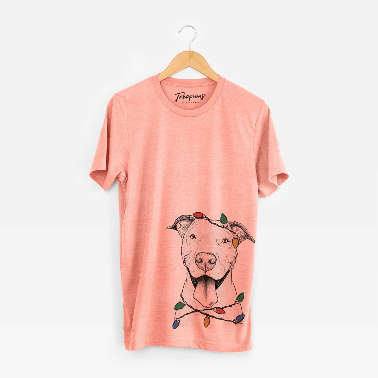 Hand-drawn sketch of Bruce the American Staffordshire Terrier wrapped in Christmas lights on a Sunset Unisex crewneck