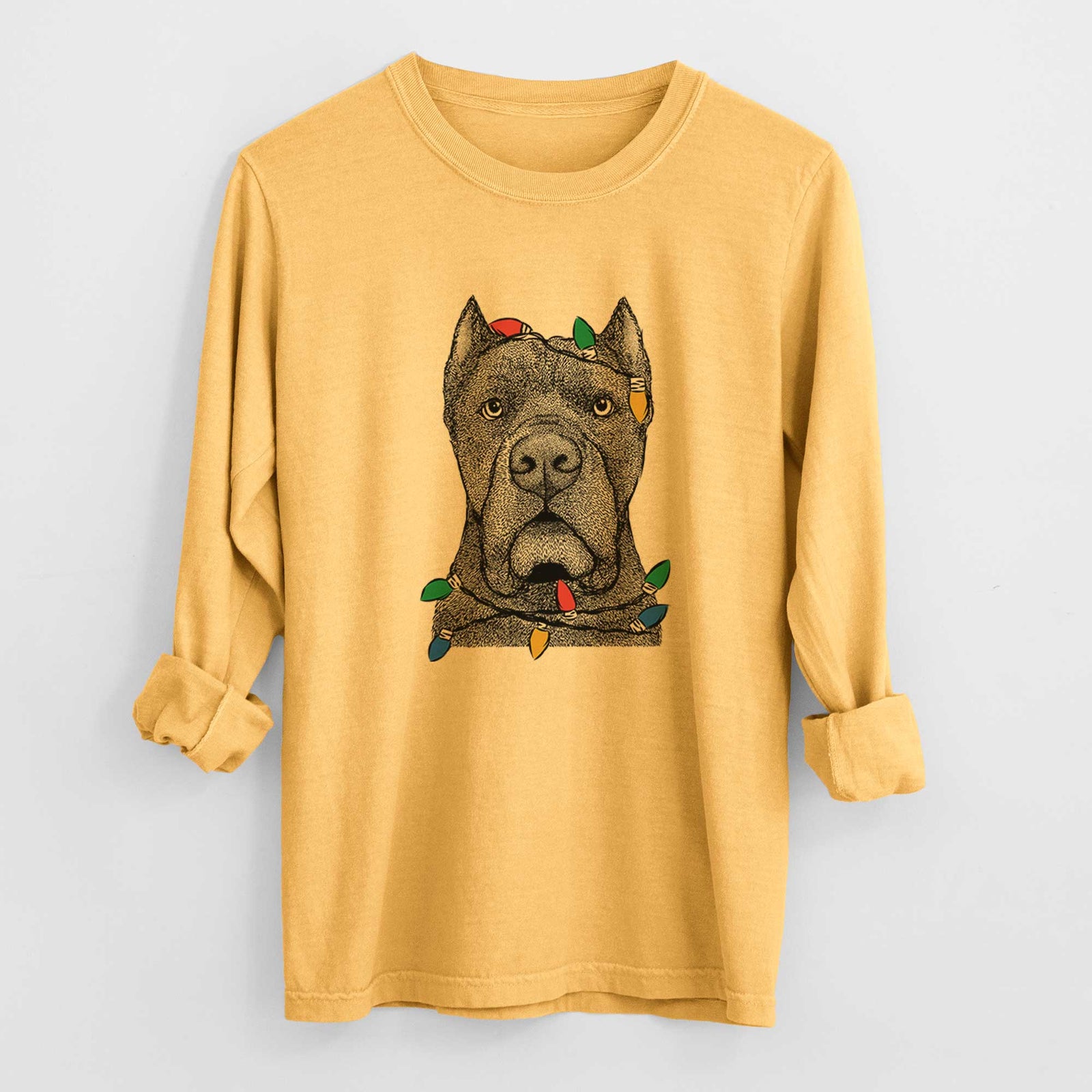 Christmas Lights Bruno the Cane Corso - Heavyweight 100% Cotton Long Sleeve