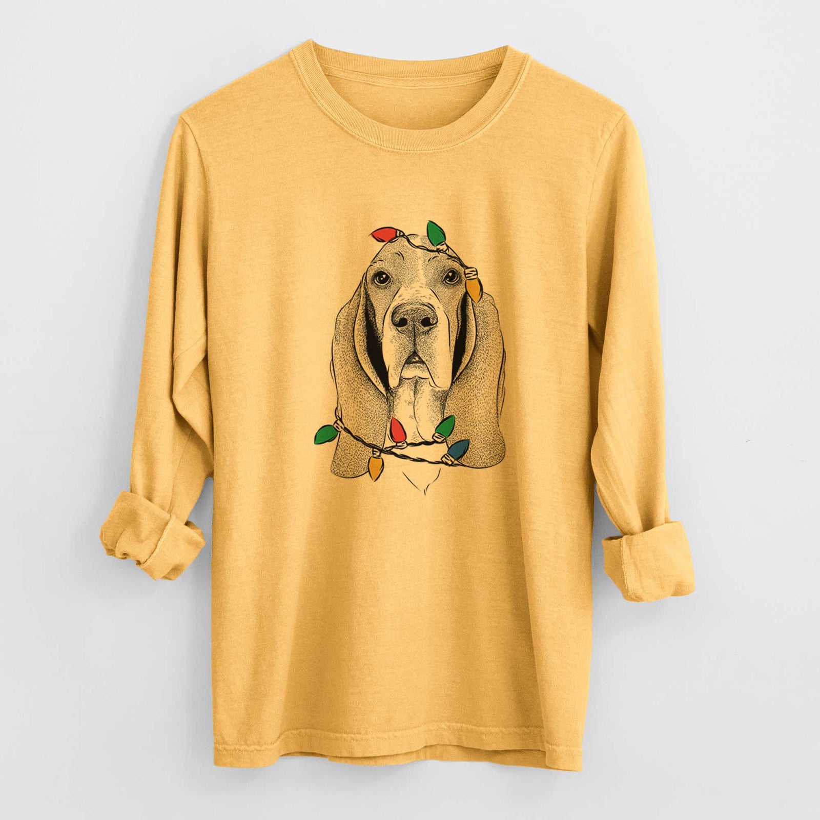 Christmas Lights Buckley the Basset Hound - Heavyweight 100% Cotton Long Sleeve