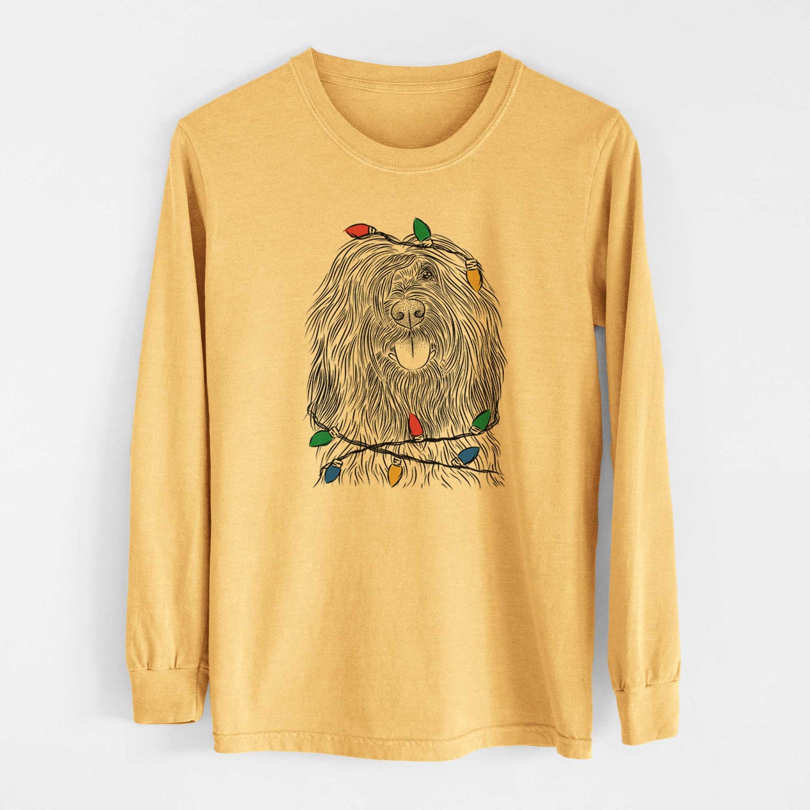 Christmas Lights Bundy the Briard - Heavyweight 100% Cotton Long Sleeve
