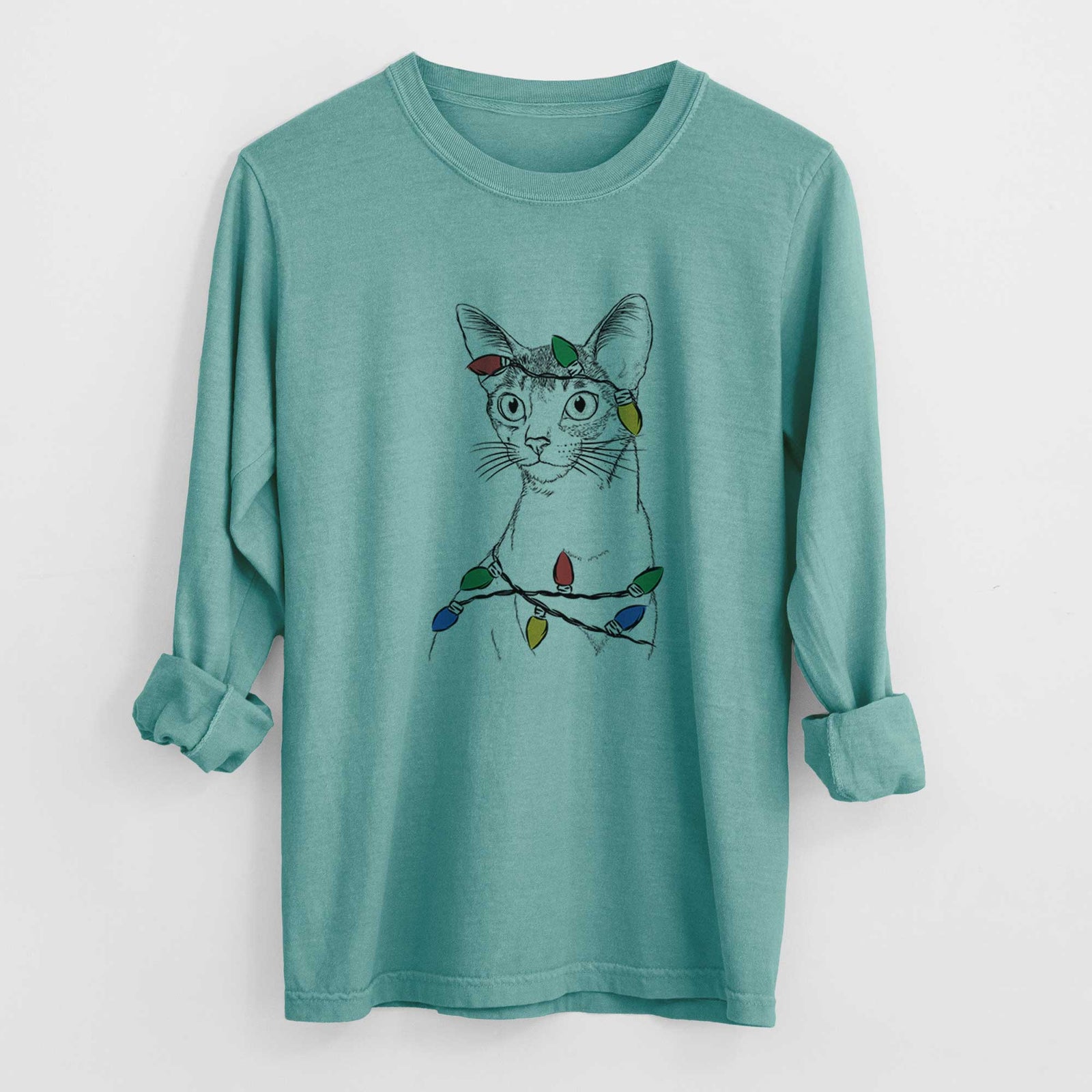 Christmas Lights Cedric the Abyssinian Cat - Heavyweight 100% Cotton Long Sleeve