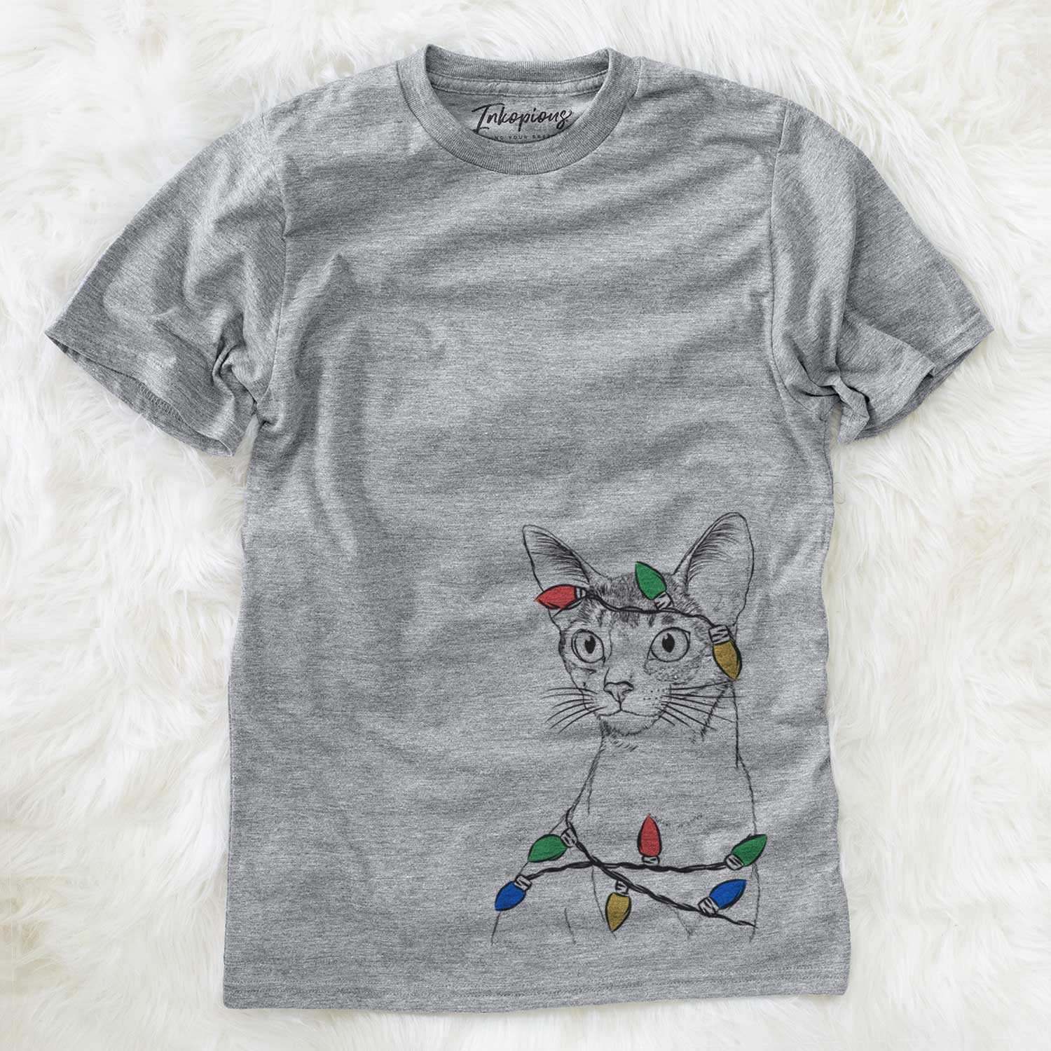 Hand-drawn sketch of Cedric the Abyssinian Cat wrapped in Christmas lights on a Grey Unisex crewneck