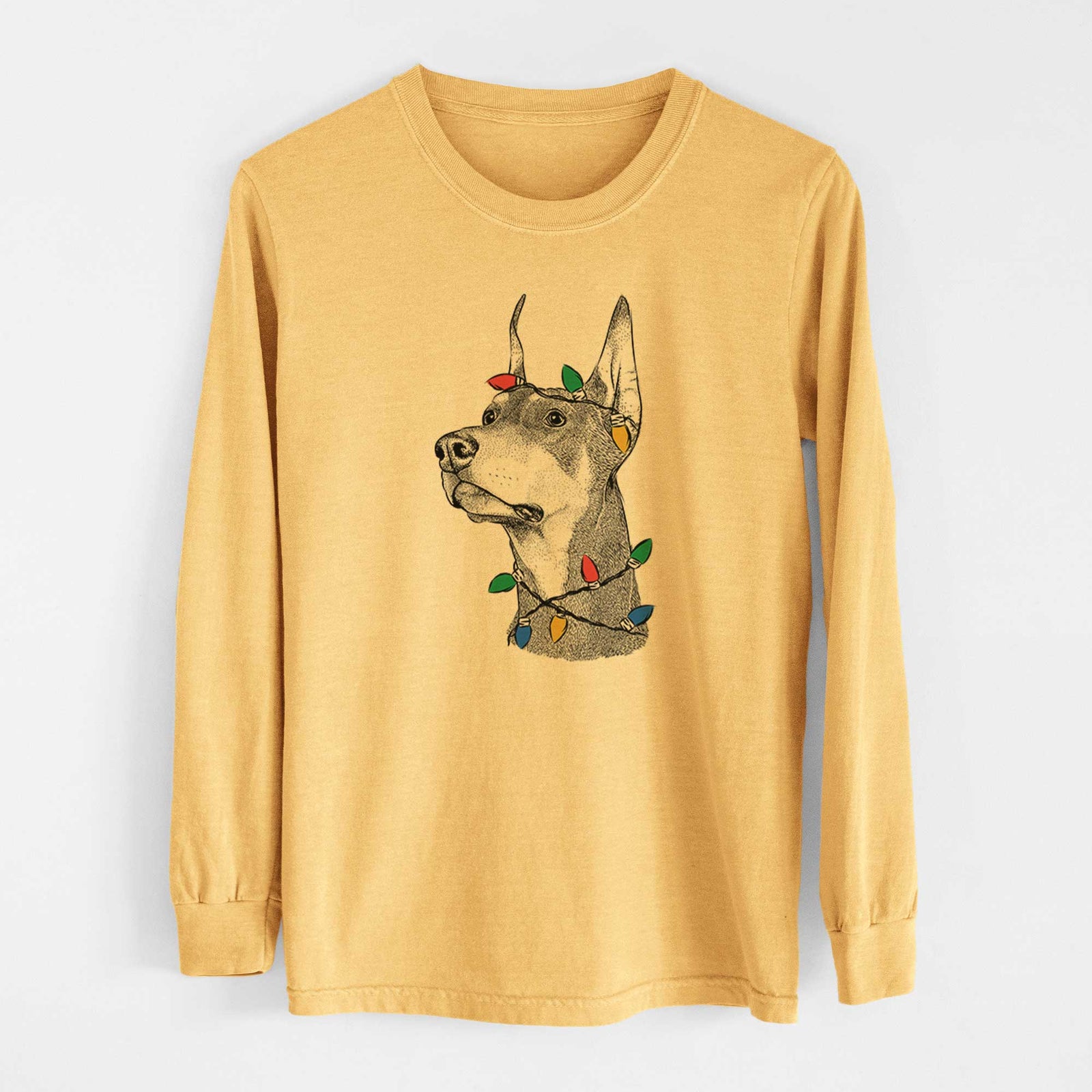 Christmas Lights Cenza the Doberman Pinscher - Heavyweight 100% Cotton Long Sleeve