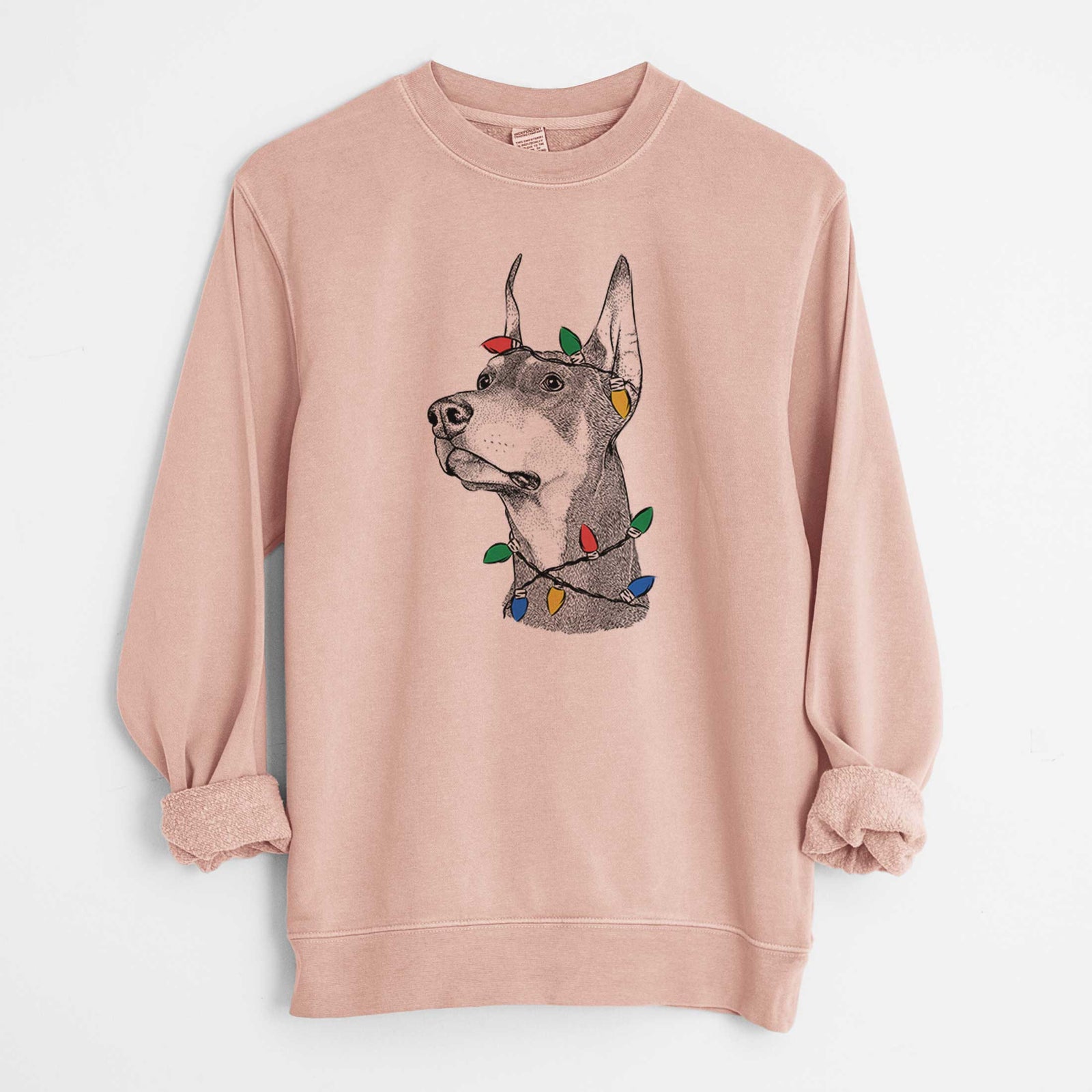 Christmas Lights Cenza the Doberman Pinscher - Unisex Pigment Dyed Crew Sweatshirt