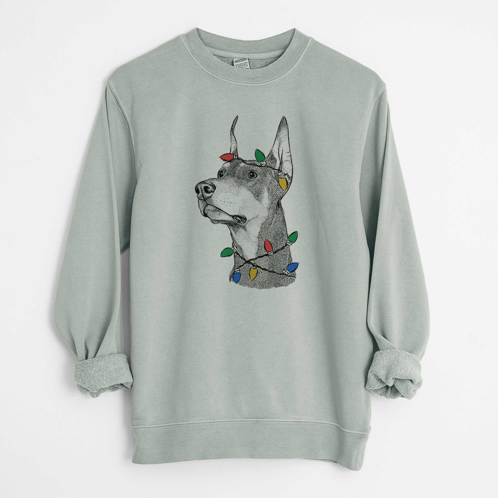 Christmas Lights Cenza the Doberman Pinscher - Unisex Pigment Dyed Crew Sweatshirt