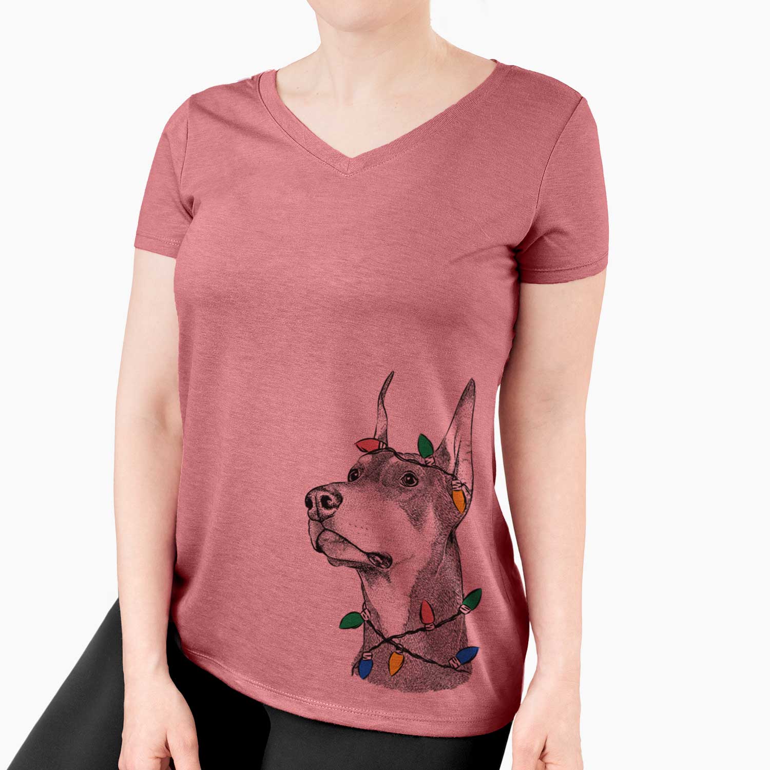 Christmas Lights Cenza the Doberman Pinscher - Women's V-neck Shirt