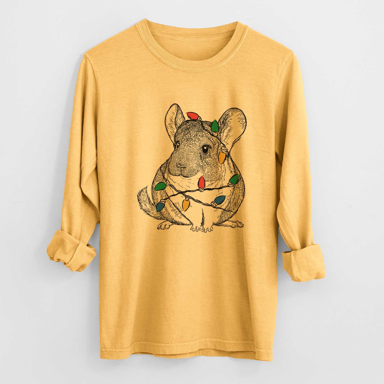 Christmas Lights Cheddar the Chinchilla - Heavyweight 100% Cotton Long Sleeve