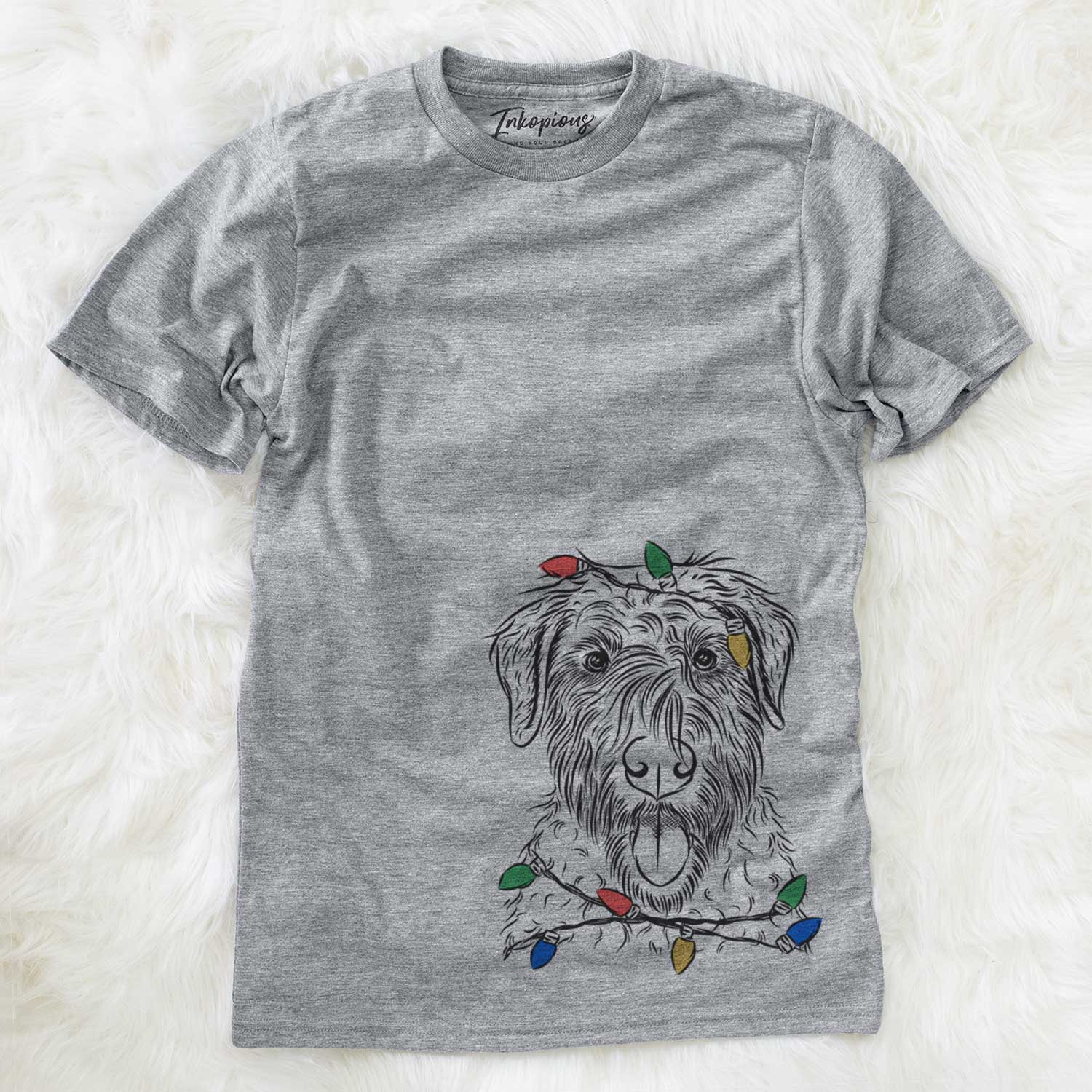 Hand-drawn sketch of Chester the Soft Coated Wheaten Terrier wrapped in Christmas lights on a Grey Unisex crewneck