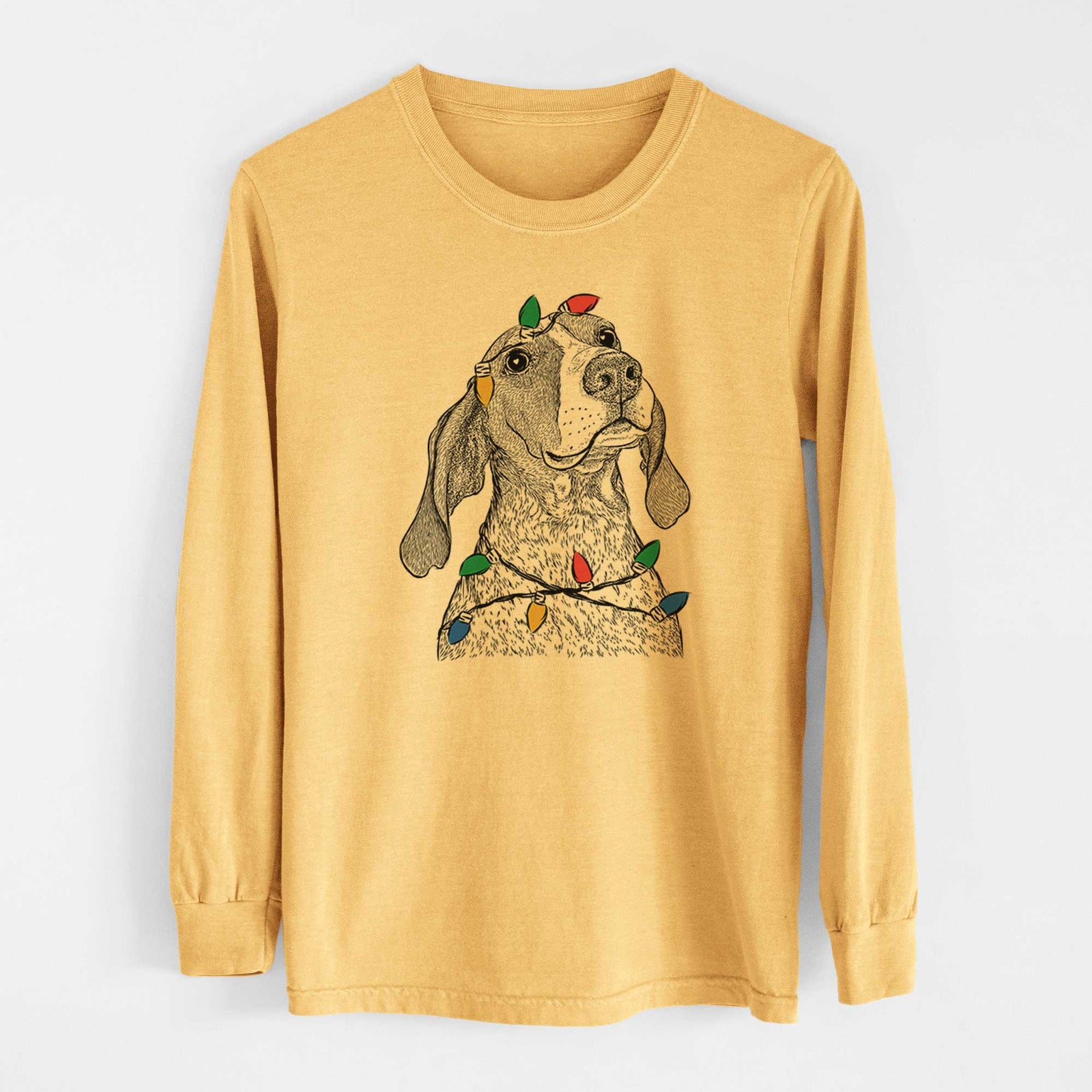 Christmas Lights Chester the Red Tick Coonhound - Heavyweight 100% Cotton Long Sleeve