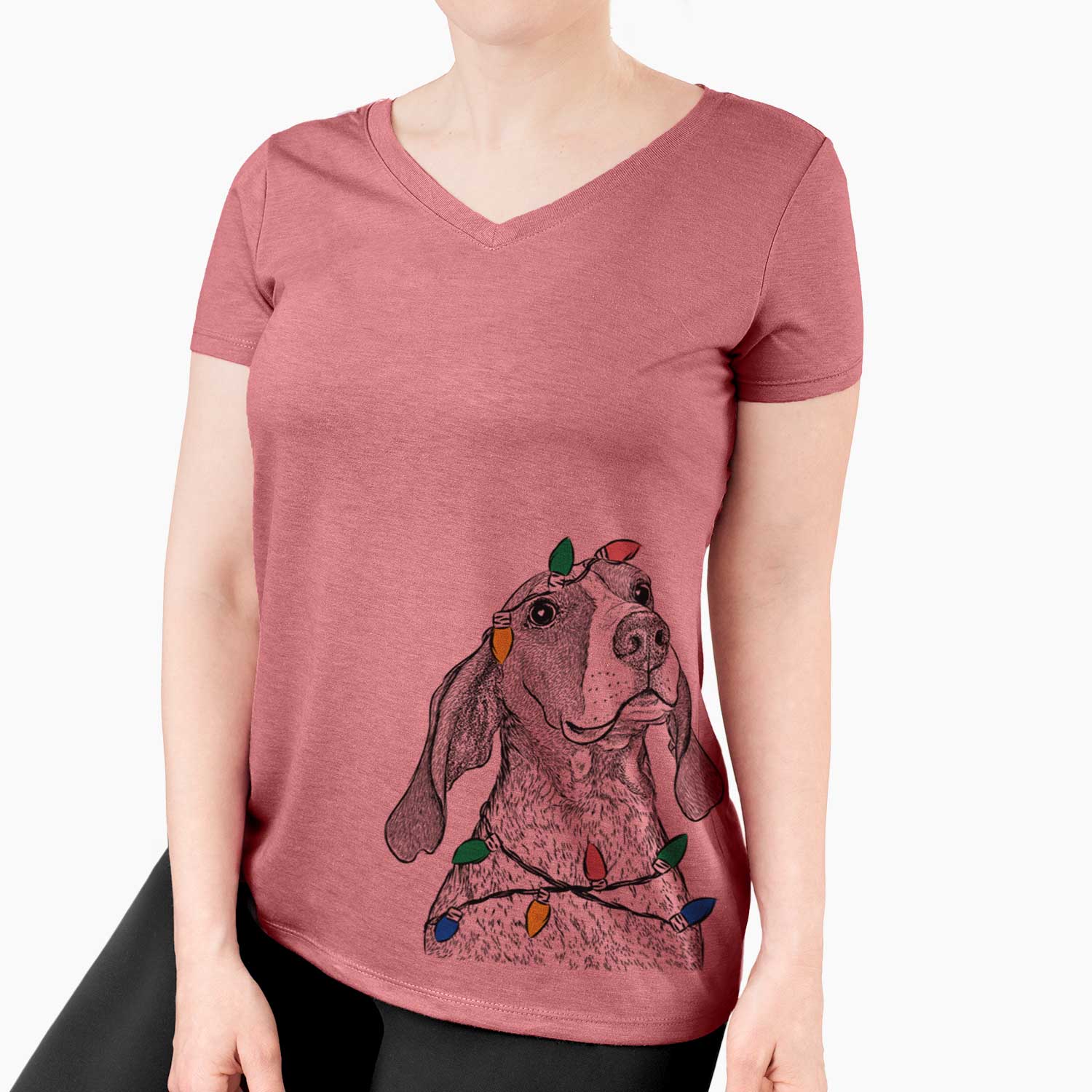 Christmas Lights Chester the Red Tick Coonhound - Women's V-neck Shirt