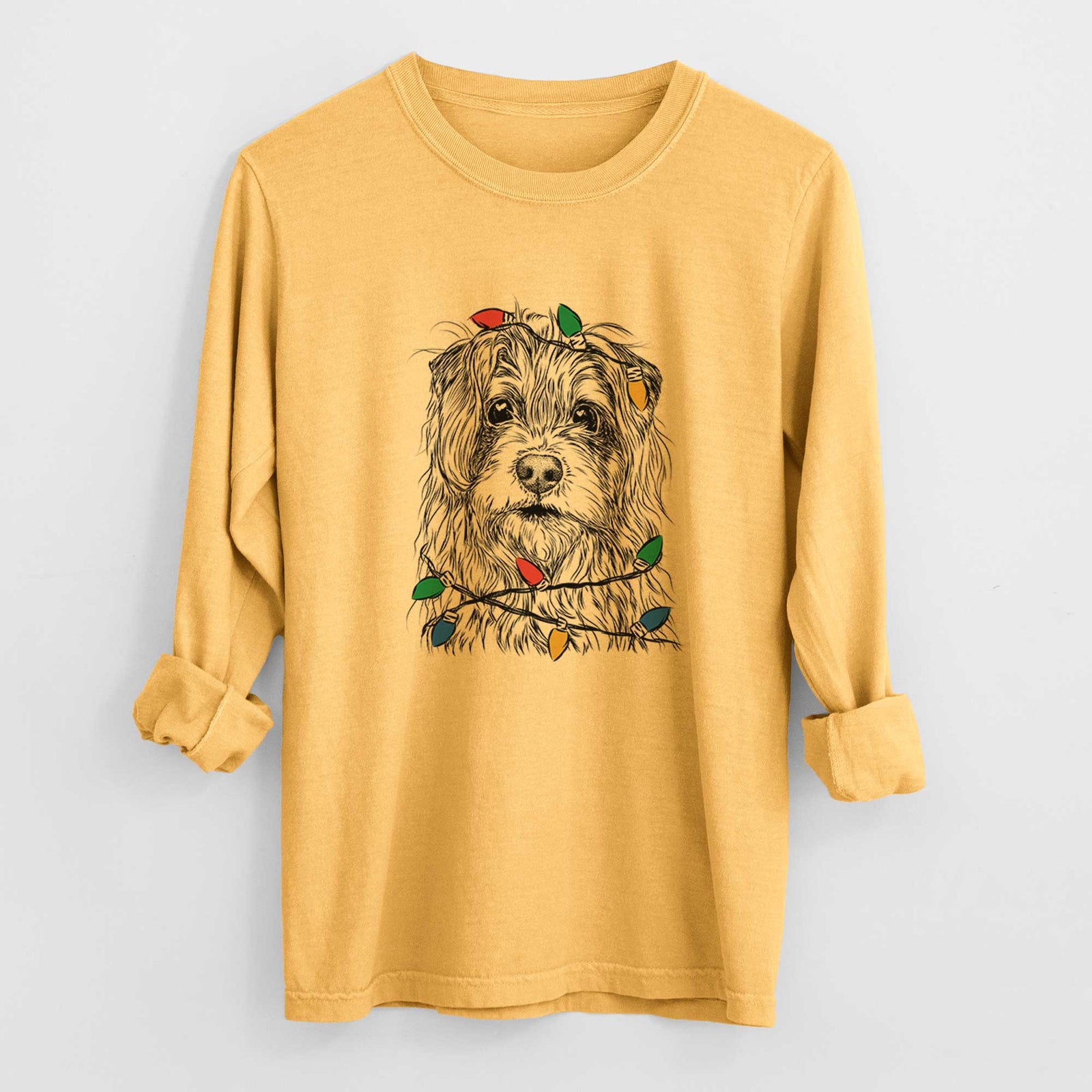 Christmas Lights Chester the Terrier Mix - Heavyweight 100% Cotton Long Sleeve