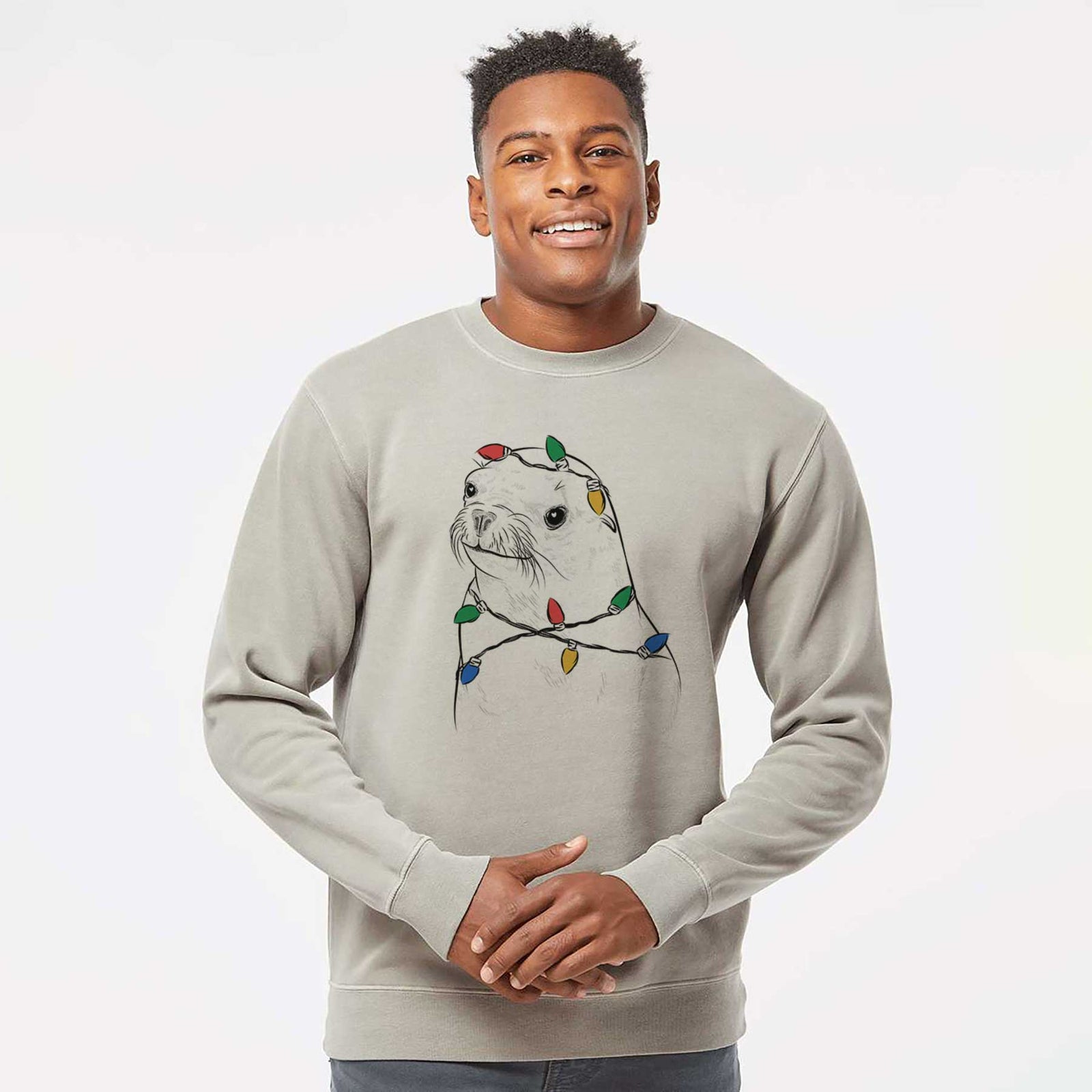Christmas Lights Chip the California Sea Lion - Unisex Pigment Dyed Crew Sweatshirt