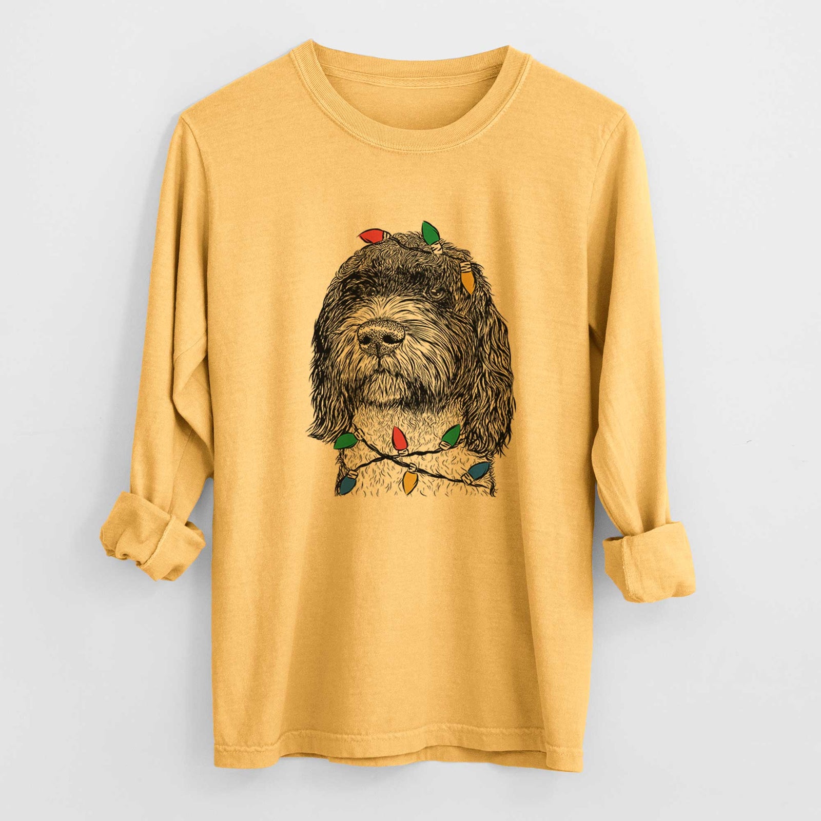 Christmas Lights Chris the Portuguese Water Dog - Heavyweight 100% Cotton Long Sleeve